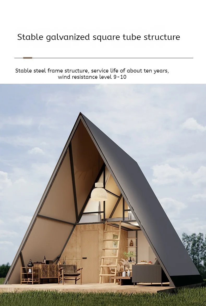 Triangular Oxford Double-layer Tent Galvanized Square Tube Two Floor Villa Cabin Anti-light Luxury Rain Camping Tent Glamping