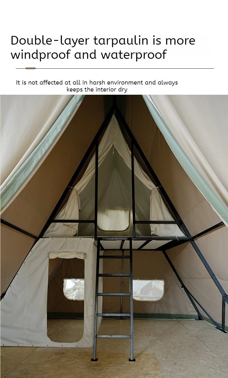 Triangular Oxford Double-layer Tent Galvanized Square Tube Two Floor Villa Cabin Anti-light Luxury Rain Camping Tent Glamping