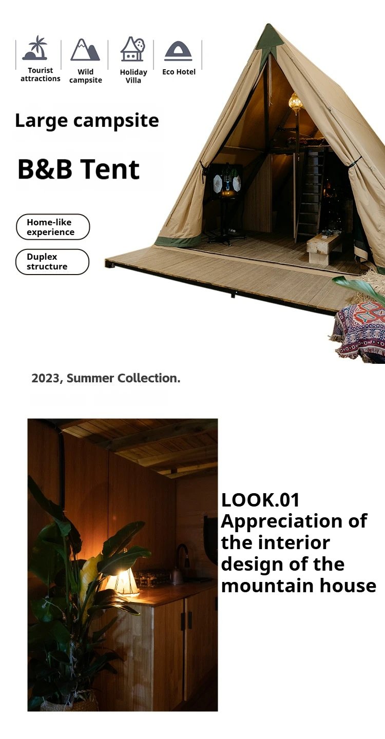 Triangular Oxford Double-layer Tent Galvanized Square Tube Two Floor Villa Cabin Anti-light Luxury Rain Camping Tent Glamping