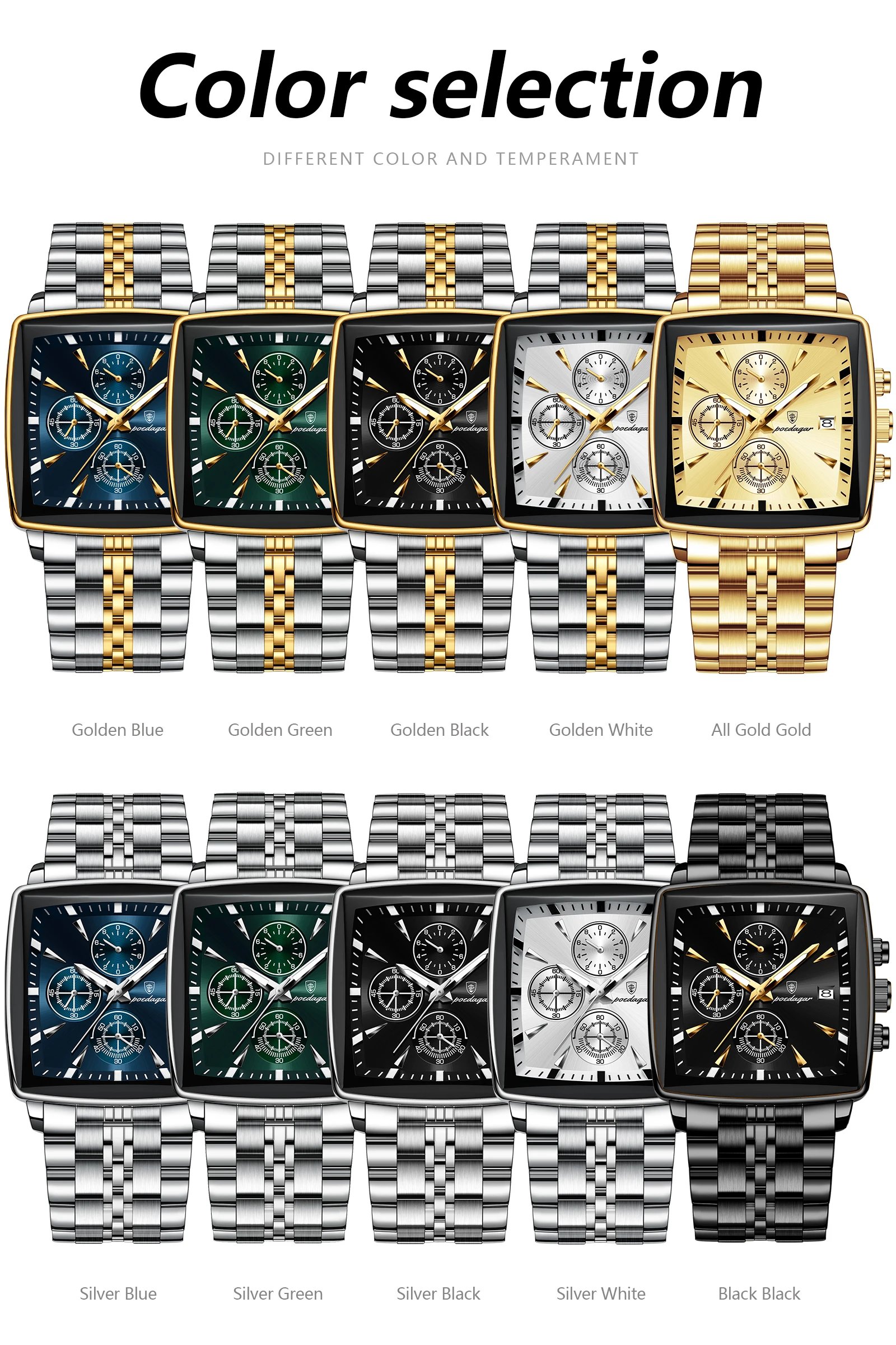 Luxury Square Sport Man Wristwatch Waterproof Luminous Chronograph Quartz Men's Watches Stainless Steel Men Watch Reloj