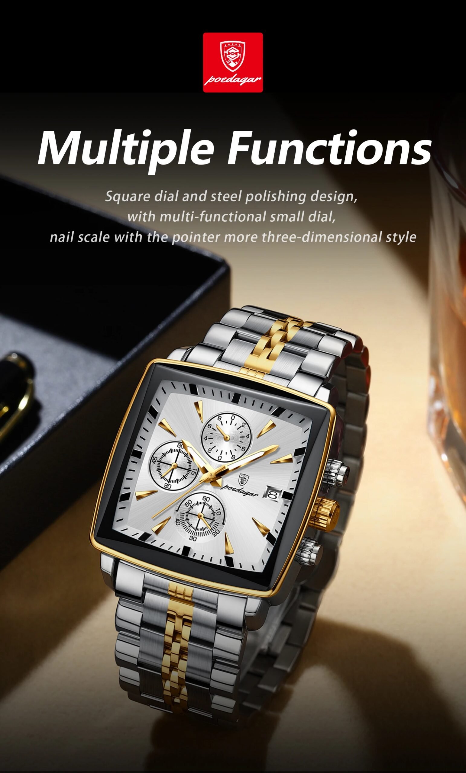 Luxury Square Sport Man Wristwatch Waterproof Luminous Chronograph Quartz Men's Watches Stainless Steel Men Watch Reloj