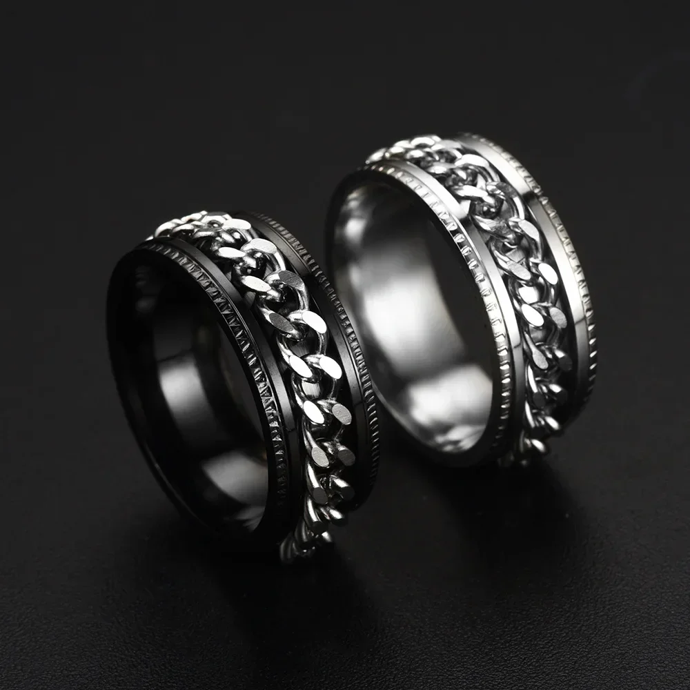 Fashion Stainless Steel Rotatable Chain Rings For Men Punk Spinner Chain Rotable Ring Women Party Titanium steel Jewelry Gift Fashion Stainless Steel Rotatable Chain Rings For Men Punk Spinner Chain Rotable Ring Women Party Titanium steel Jewelry Gift