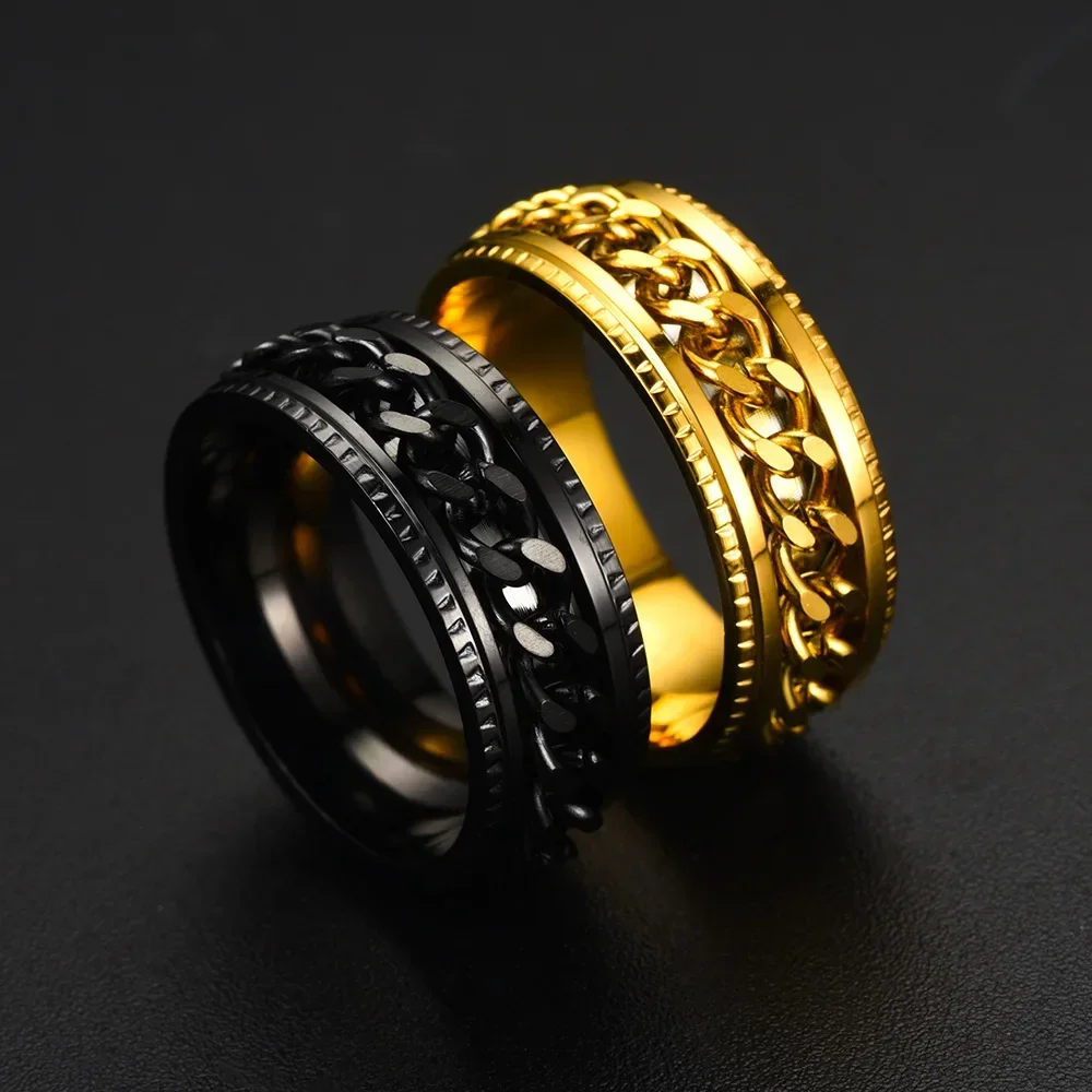 Fashion Stainless Steel Rotatable Chain Rings For Men Punk Spinner Chain Rotable Ring Women Party Titanium steel Jewelry Gift Fashion Stainless Steel Rotatable Chain Rings For Men Punk Spinner Chain Rotable Ring Women Party Titanium steel Jewelry Gift