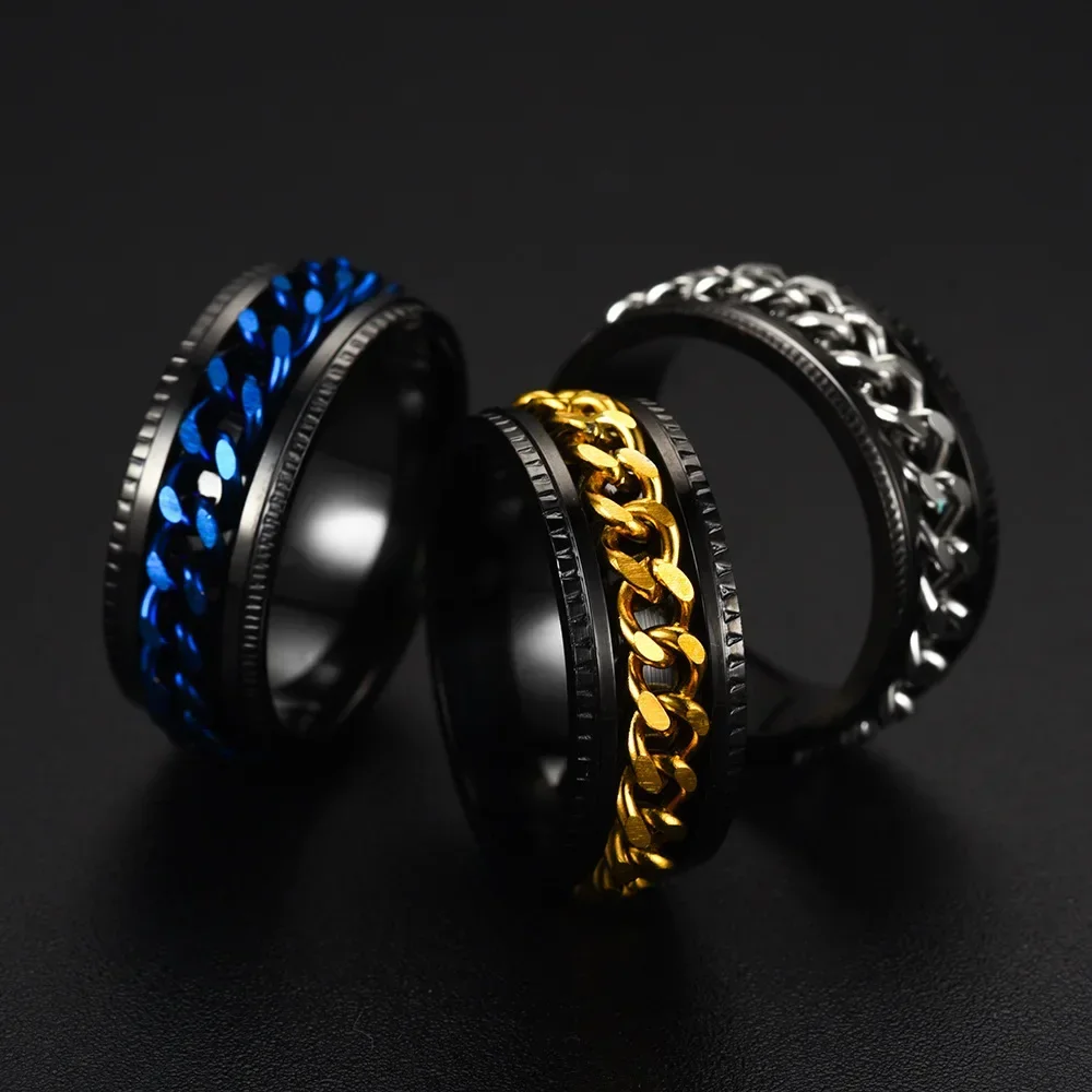 Fashion Stainless Steel Rotatable Chain Rings For Men Punk Spinner Chain Rotable Ring Women Party Titanium steel Jewelry Gift Fashion Stainless Steel Rotatable Chain Rings For Men Punk Spinner Chain Rotable Ring Women Party Titanium steel Jewelry Gift