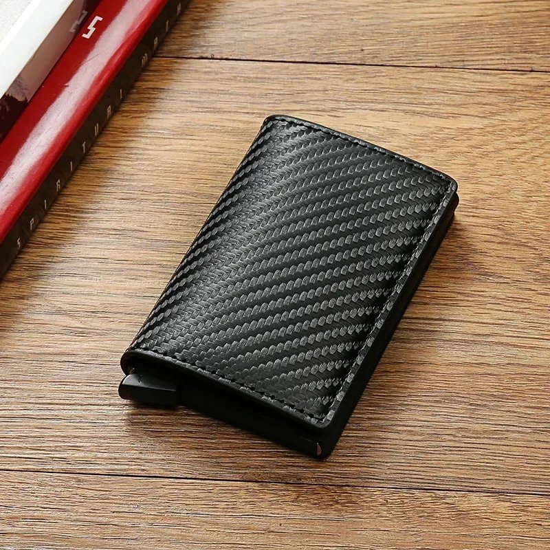 Fashion Carbon Fiber Anti-theft Credit Card Package Metal Cards Box Men Wallet Holder PU Purse