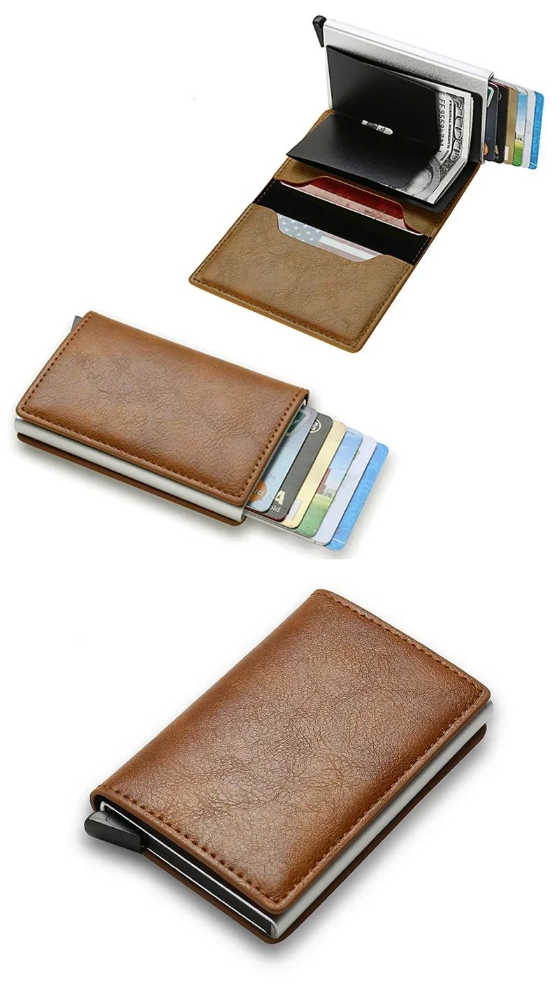Fashion Carbon Fiber Anti-theft Credit Card Package Metal Cards Box Men Wallet Holder PU Purse
