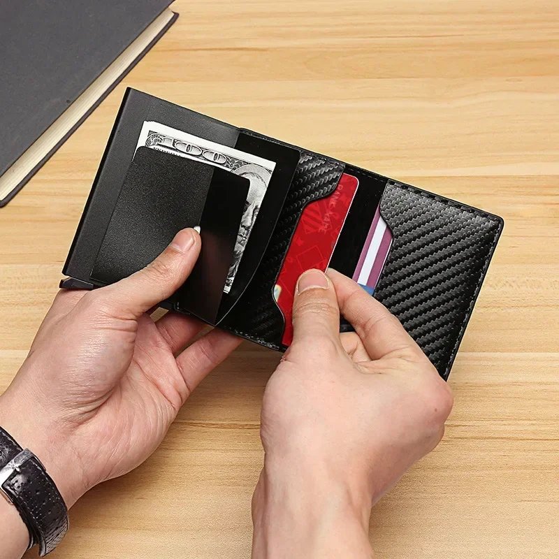Fashion Carbon Fiber Anti-theft Credit Card Package Metal Cards Box Men Wallet Holder PU Purse