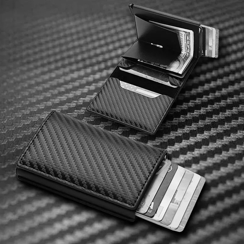 Fashion Carbon Fiber Anti-theft Credit Card Package Metal Cards Box Men Wallet Holder PU Purse