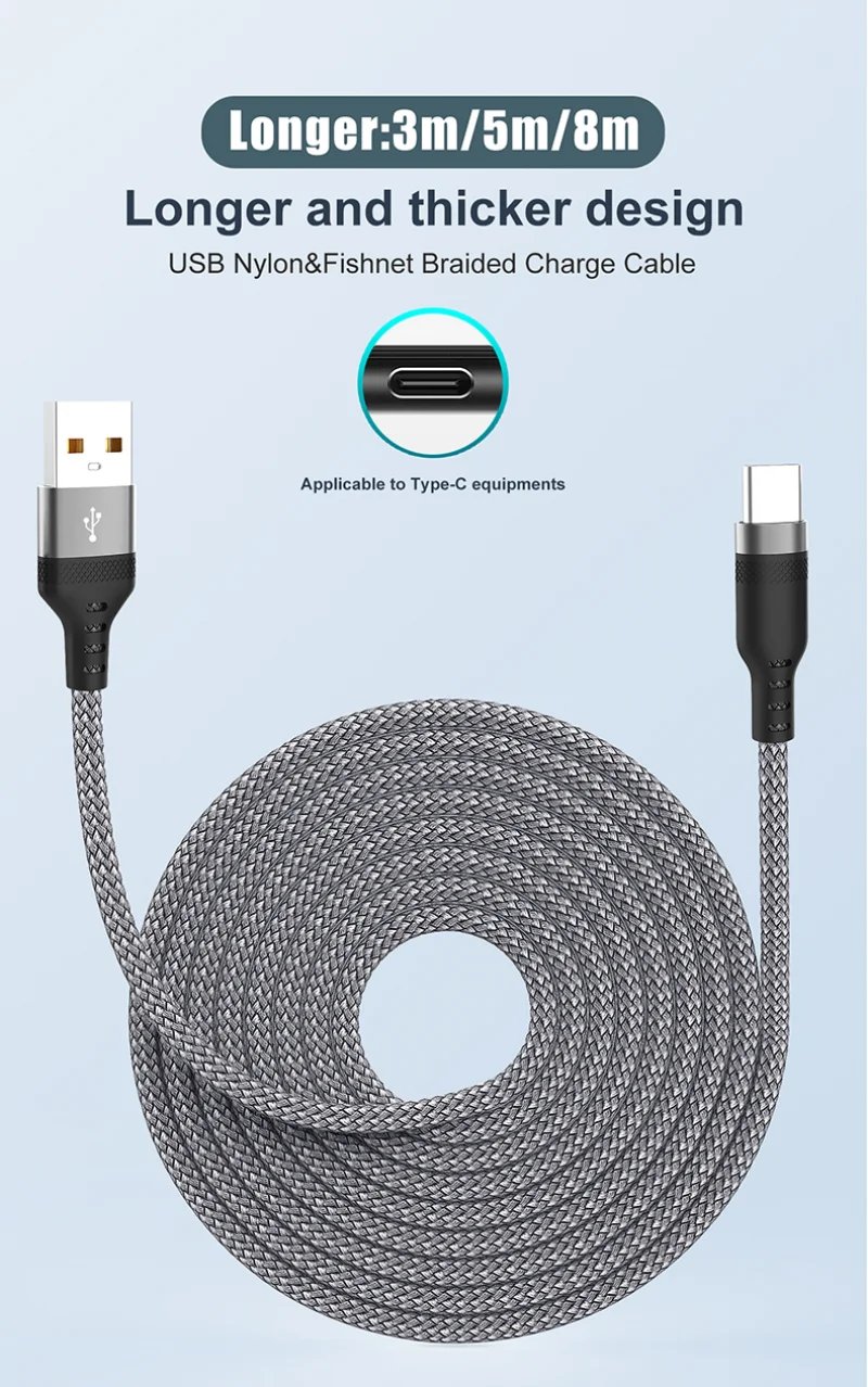 NNBILI 6a Verlengde Usb TYPE-C Kabel Gevlochten Datakabel For Samsung Huawei Xiaomi Switch Sony Ps5 TYPE-C 8M 5M 3M 2M 1M Kabel