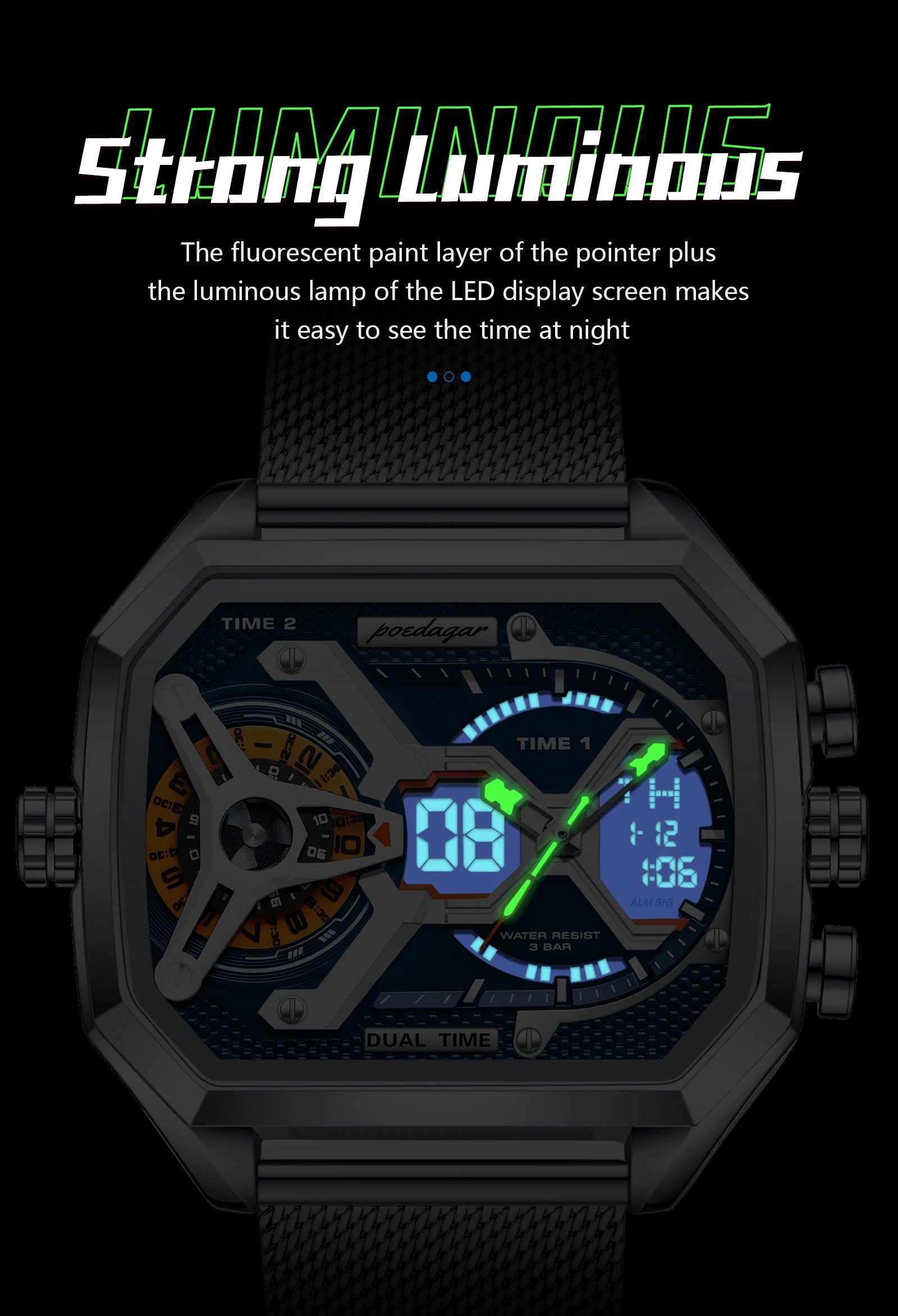 Top Fashion Men Clock Rectangle Waterproof Date Week LED Man Watch Electronic Mesh Stainless Steel Quartz Men's Watches