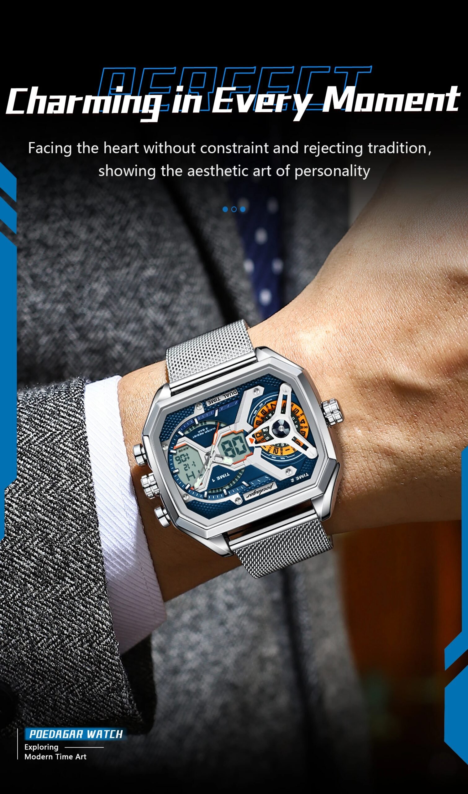 Top Fashion Men Clock Rectangle Waterproof Date Week LED Man Watch Electronic Mesh Stainless Steel Quartz Men's Watches