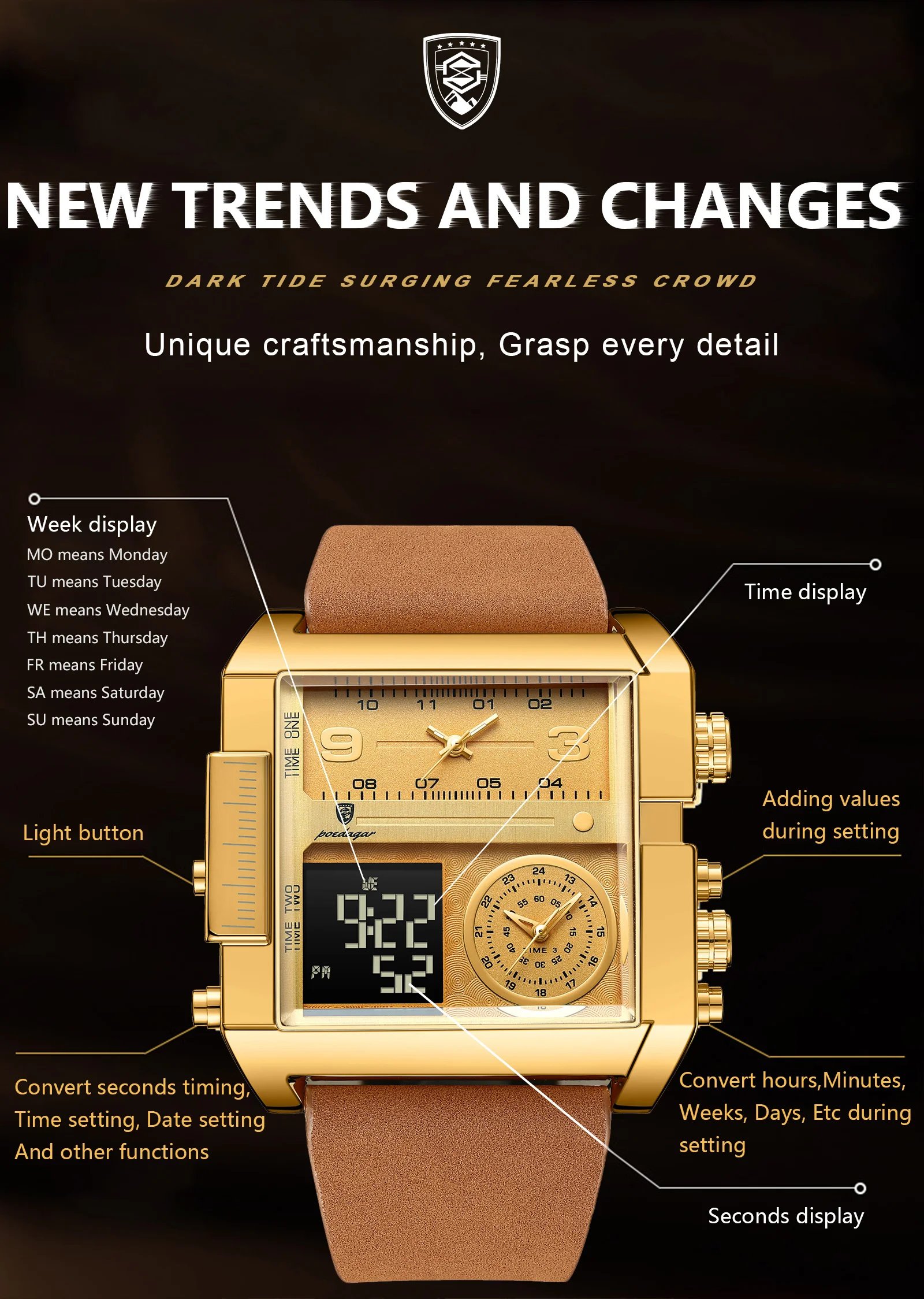 Luxury Man Wristwatch Rectangle Waterproof Luminous Day Week Men Watch Digital Multifunction Men's Watches Quartz Reloj