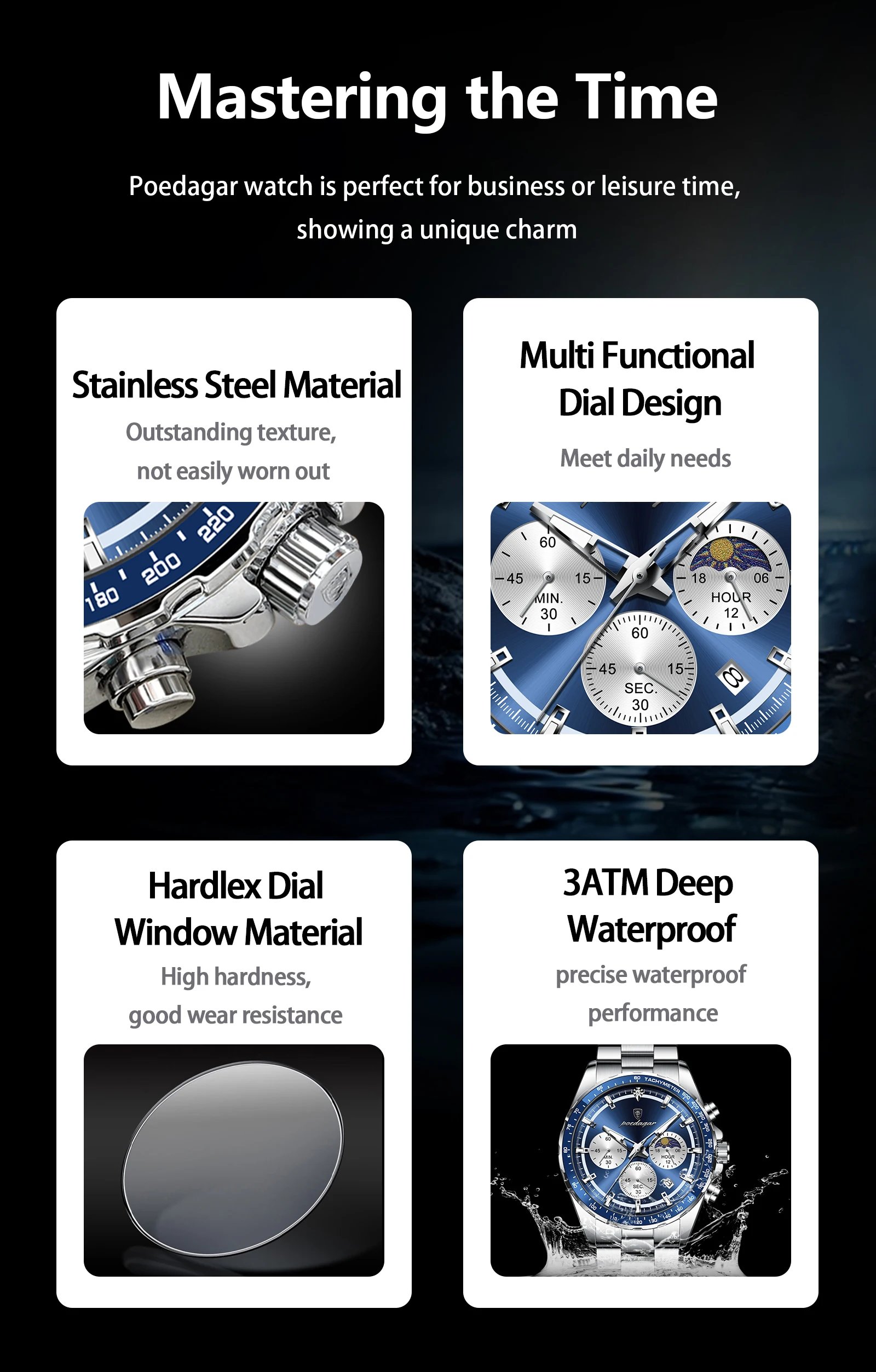 POEDAGAR Original Men Clock Sports Waterproof Luminous Chronograph Date Watch For Man Stainless Steel Quartz Men's Watches Reloj