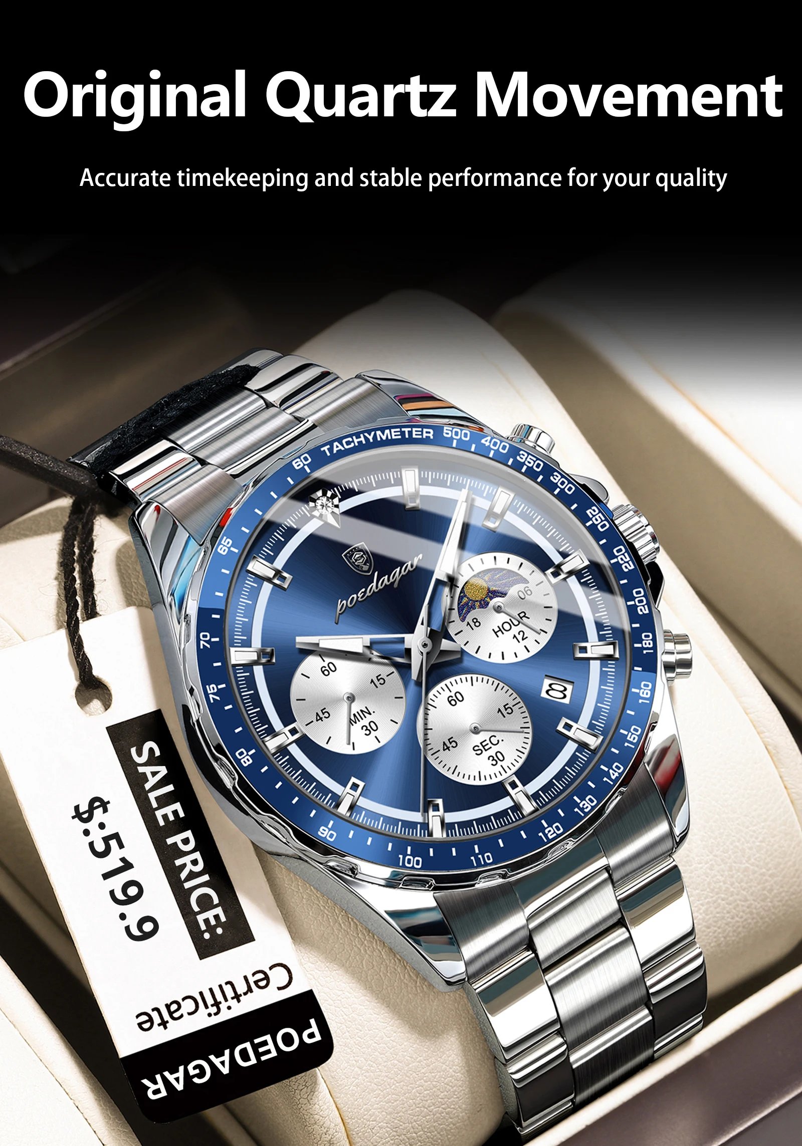 POEDAGAR Original Men Clock Sports Waterproof Luminous Chronograph Date Watch For Man Stainless Steel Quartz Men's Watches Reloj