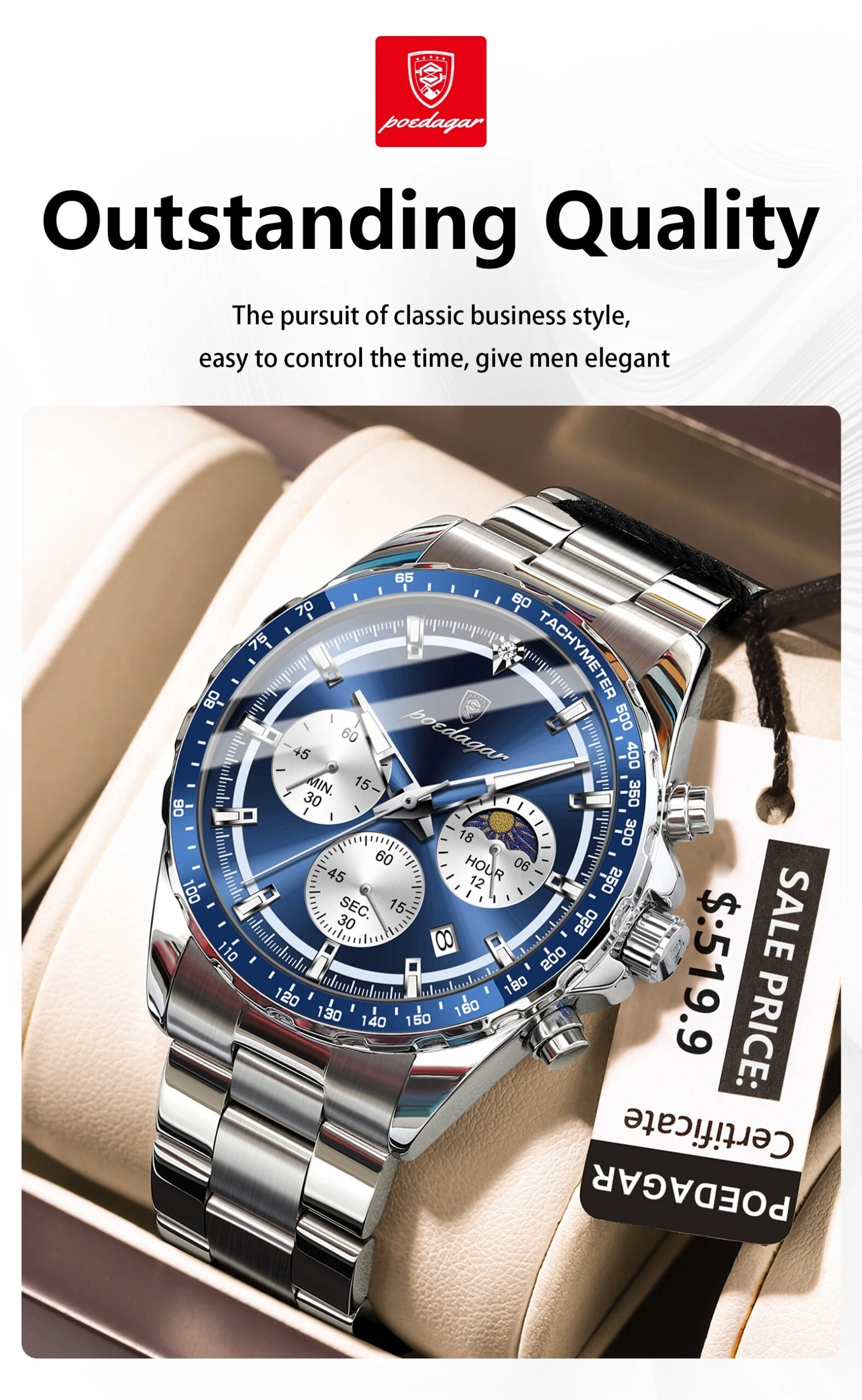 POEDAGAR Original Men Clock Sports Waterproof Luminous Chronograph Date Watch For Man Stainless Steel Quartz Men's Watches Reloj