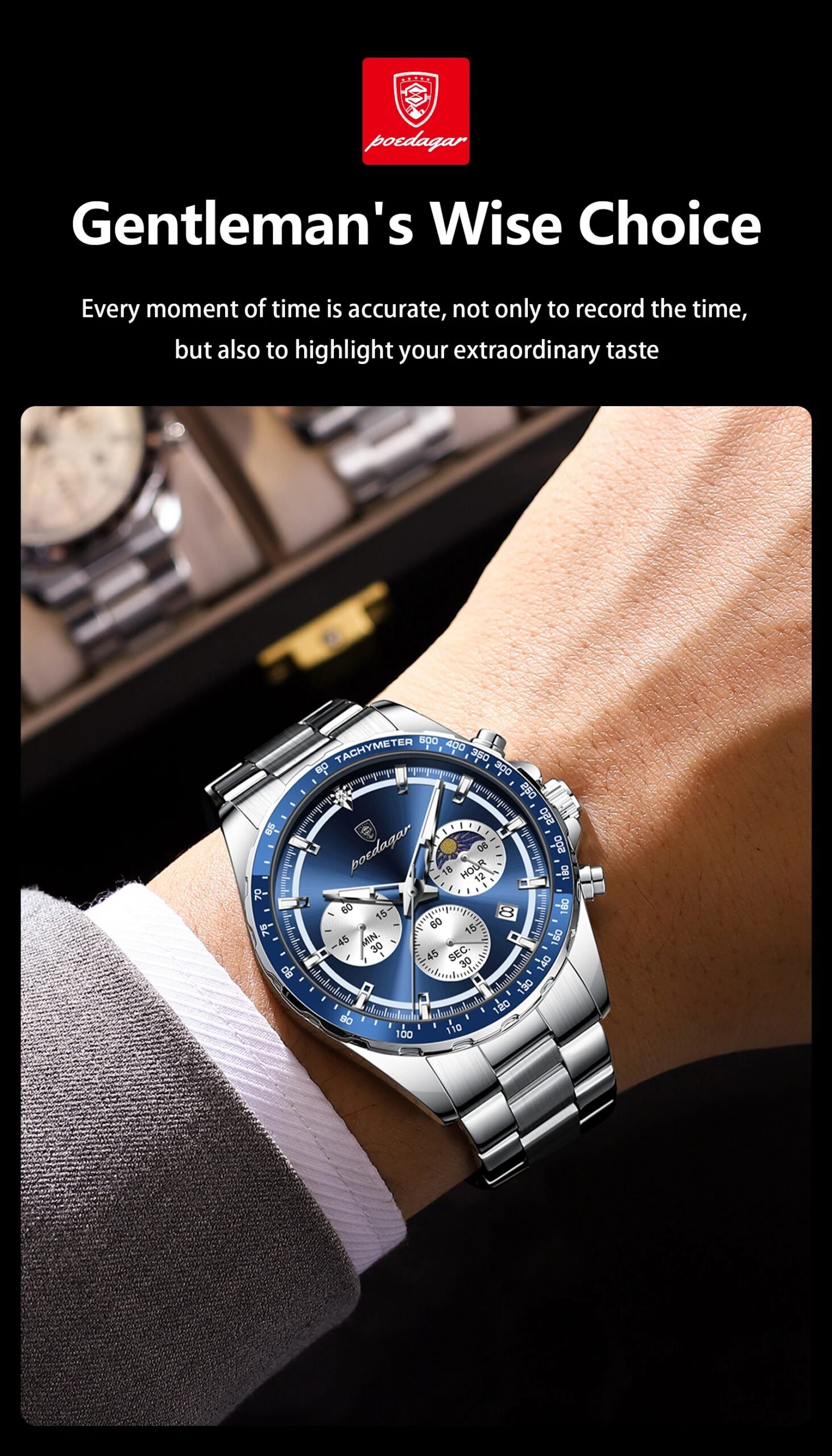 POEDAGAR Original Men Clock Sports Waterproof Luminous Chronograph Date Watch For Man Stainless Steel Quartz Men's Watches Reloj