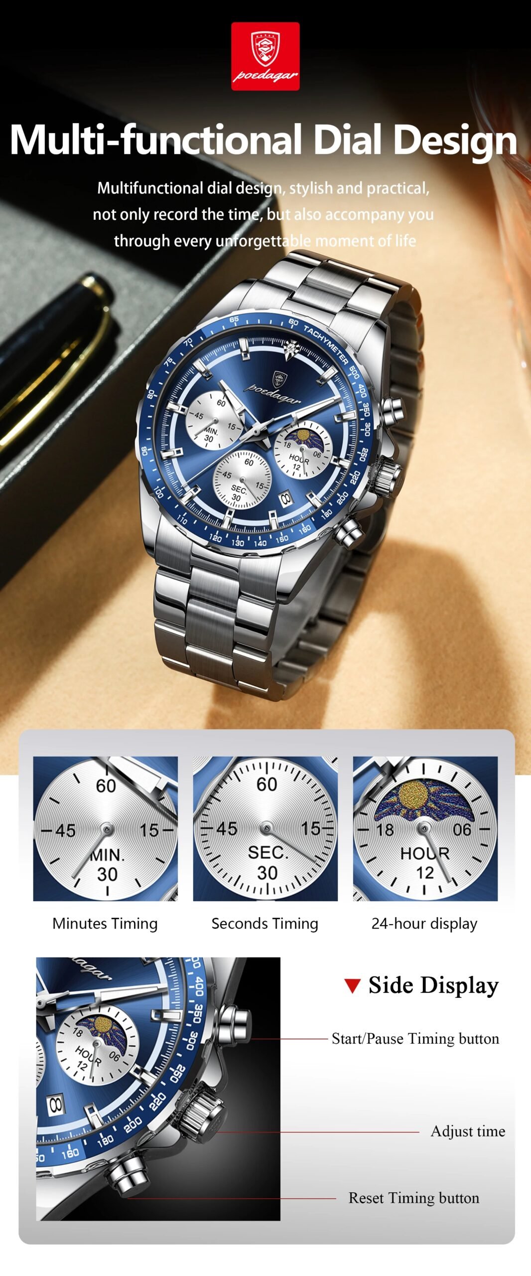 POEDAGAR Original Men Clock Sports Waterproof Luminous Chronograph Date Watch For Man Stainless Steel Quartz Men's Watches Reloj