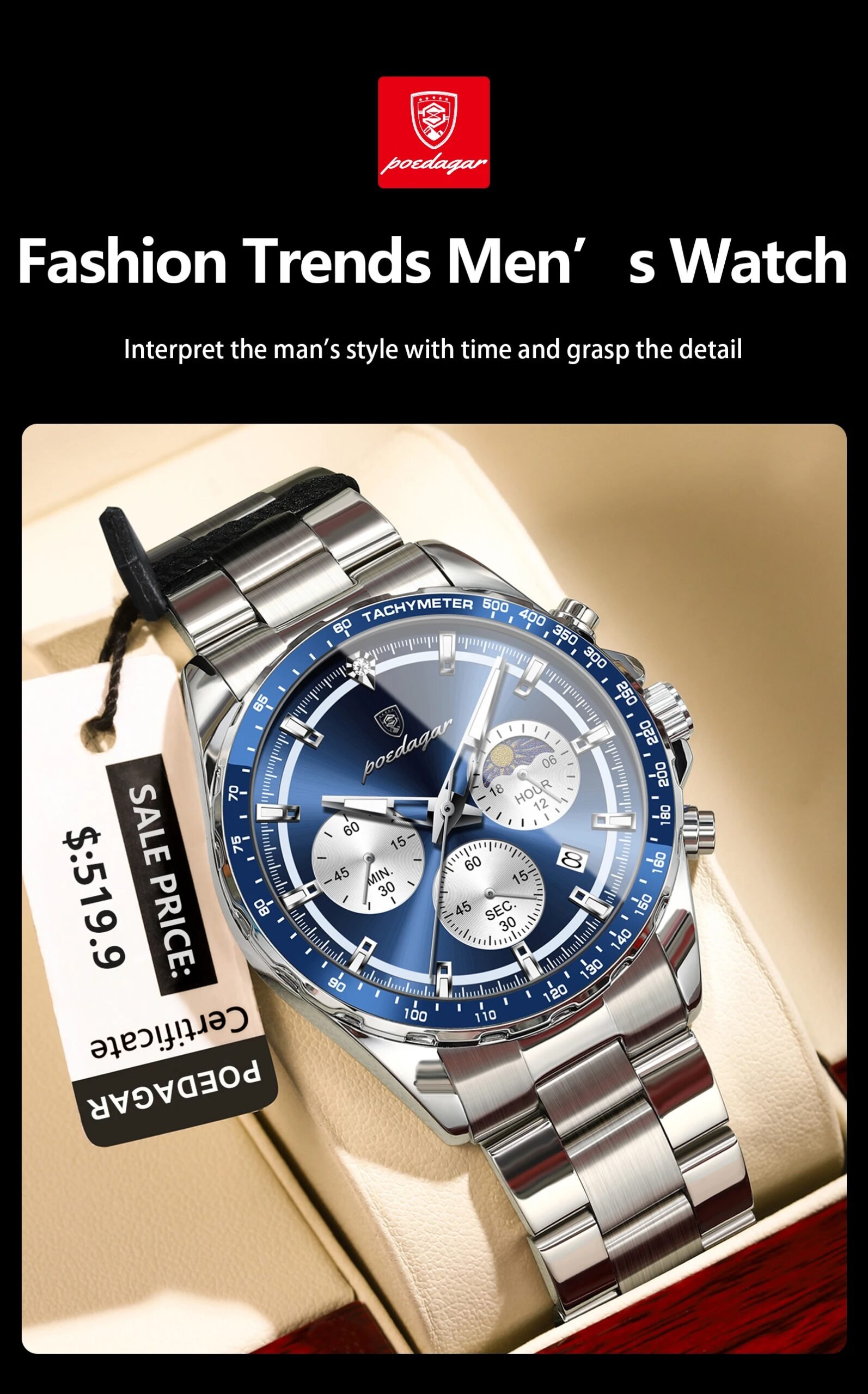 POEDAGAR Original Men Clock Sports Waterproof Luminous Chronograph Date Watch For Man Stainless Steel Quartz Men's Watches Reloj