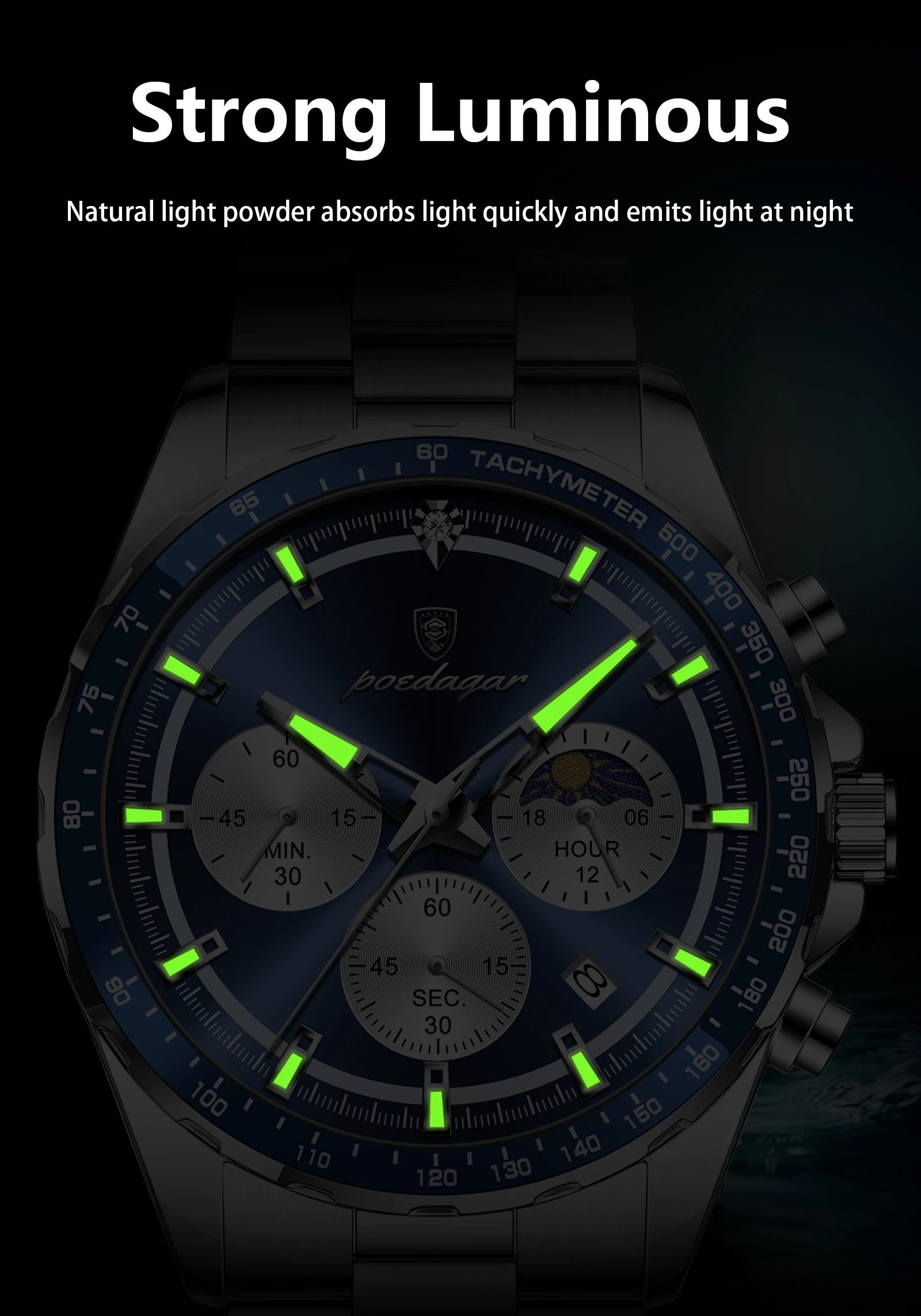 POEDAGAR Original Men Clock Sports Waterproof Luminous Chronograph Date Watch For Man Stainless Steel Quartz Men's Watches Reloj