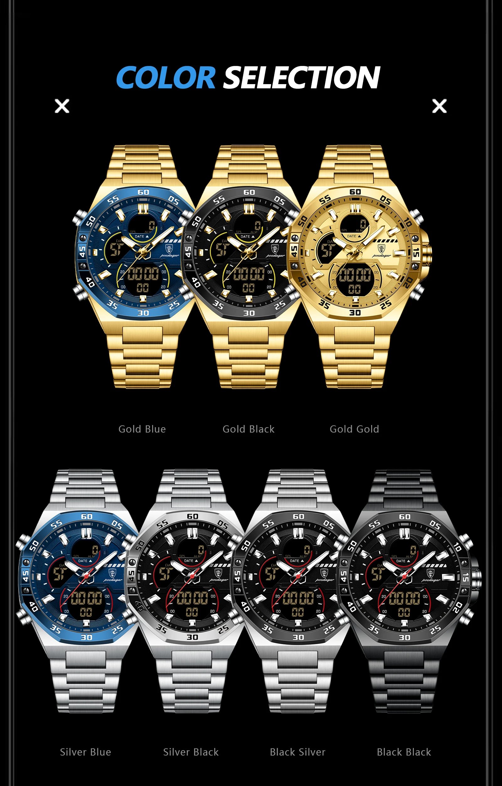 POEDAGAR Top Original Men Clock LED Luminous Waterproof Week Date Man Wristwatch Electronic Stainless Steel Quartz Men's Watches