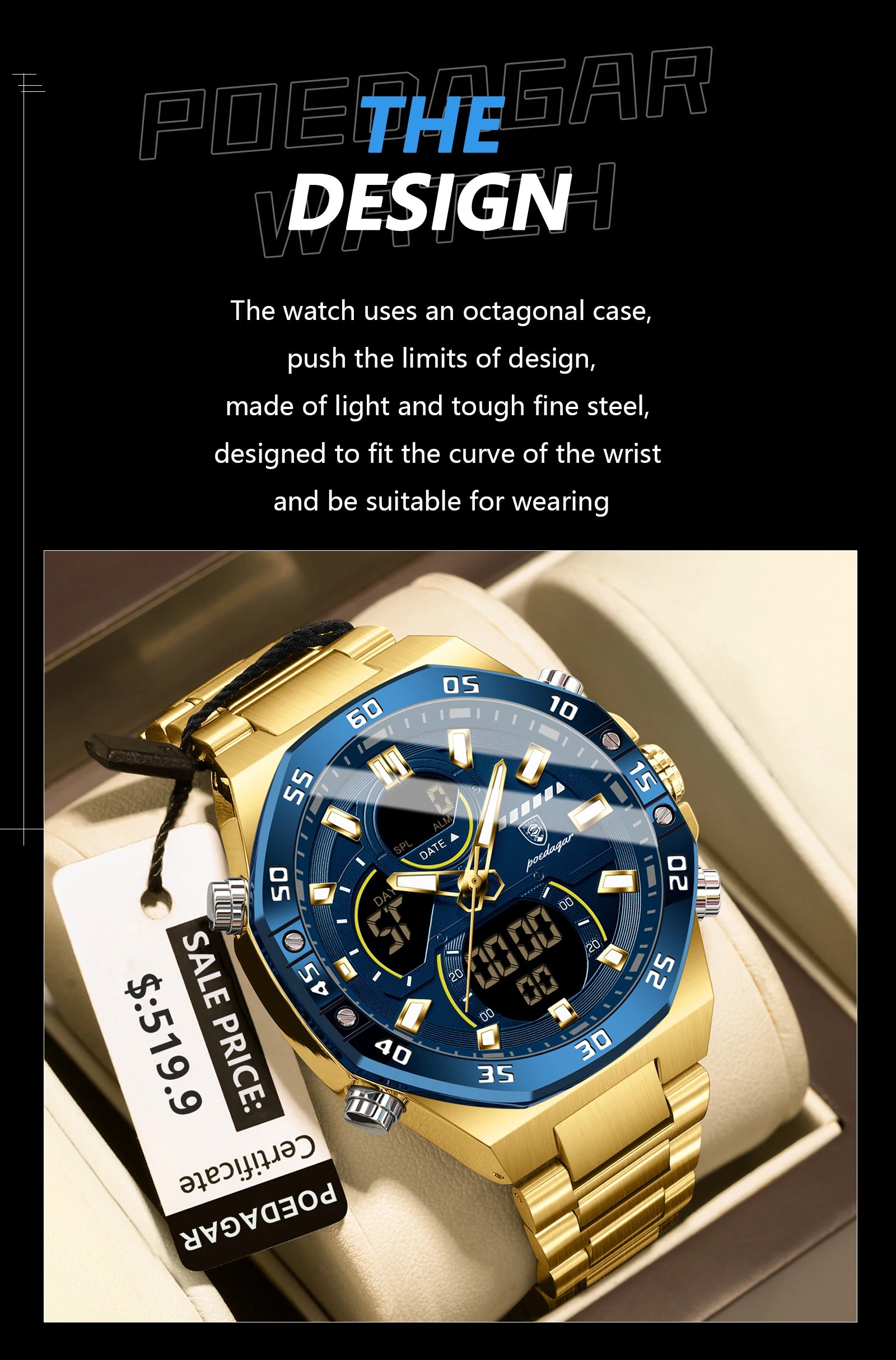 POEDAGAR Top Original Men Clock LED Luminous Waterproof Week Date Man Wristwatch Electronic Stainless Steel Quartz Men's Watches