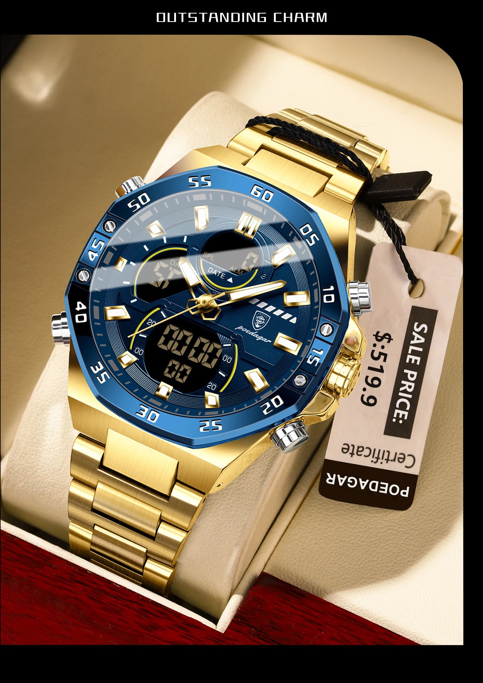 POEDAGAR Top Original Men Clock LED Luminous Waterproof Week Date Man Wristwatch Electronic Stainless Steel Quartz Men's Watches
