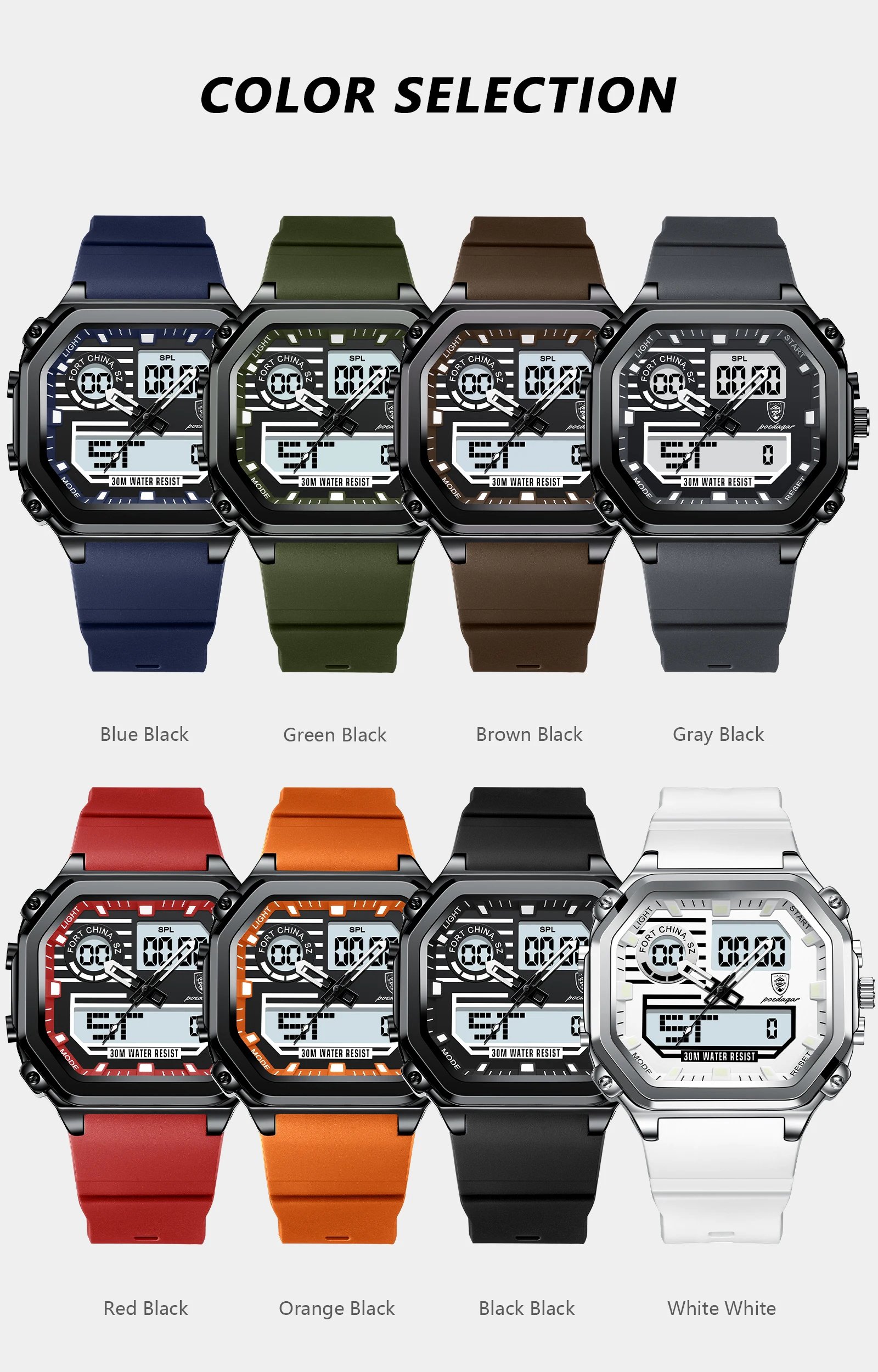 POEDAGAR LED Sport Men Clock Dual Time Display Digital Week Date Square Man Watch Electronic Silicone Strap Men's Quartz Watches