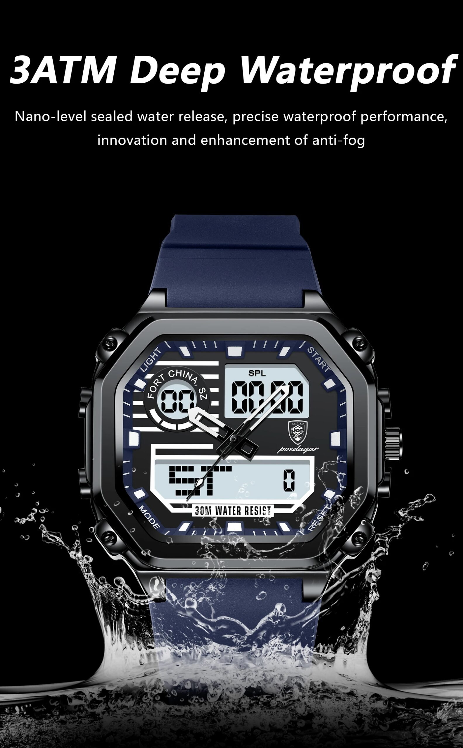 POEDAGAR LED Sport Men Clock Dual Time Display Digital Week Date Square Man Watch Electronic Silicone Strap Men's Quartz Watches