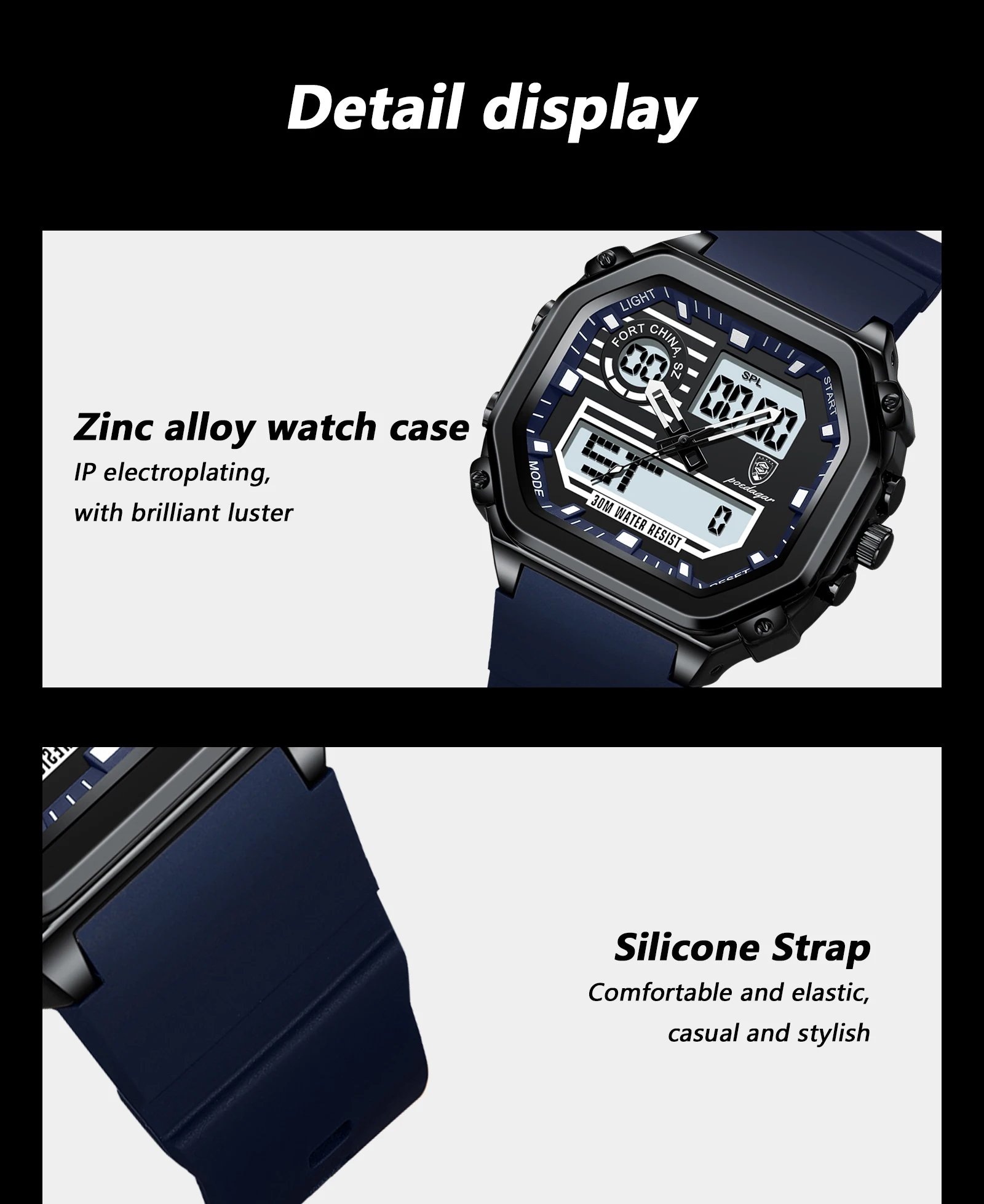 POEDAGAR LED Sport Men Clock Dual Time Display Digital Week Date Square Man Watch Electronic Silicone Strap Men's Quartz Watches