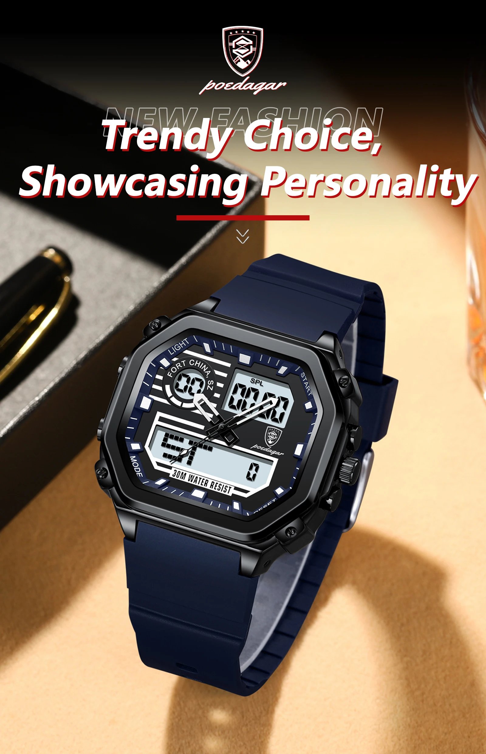 POEDAGAR LED Sport Men Clock Dual Time Display Digital Week Date Square Man Watch Electronic Silicone Strap Men's Quartz Watches