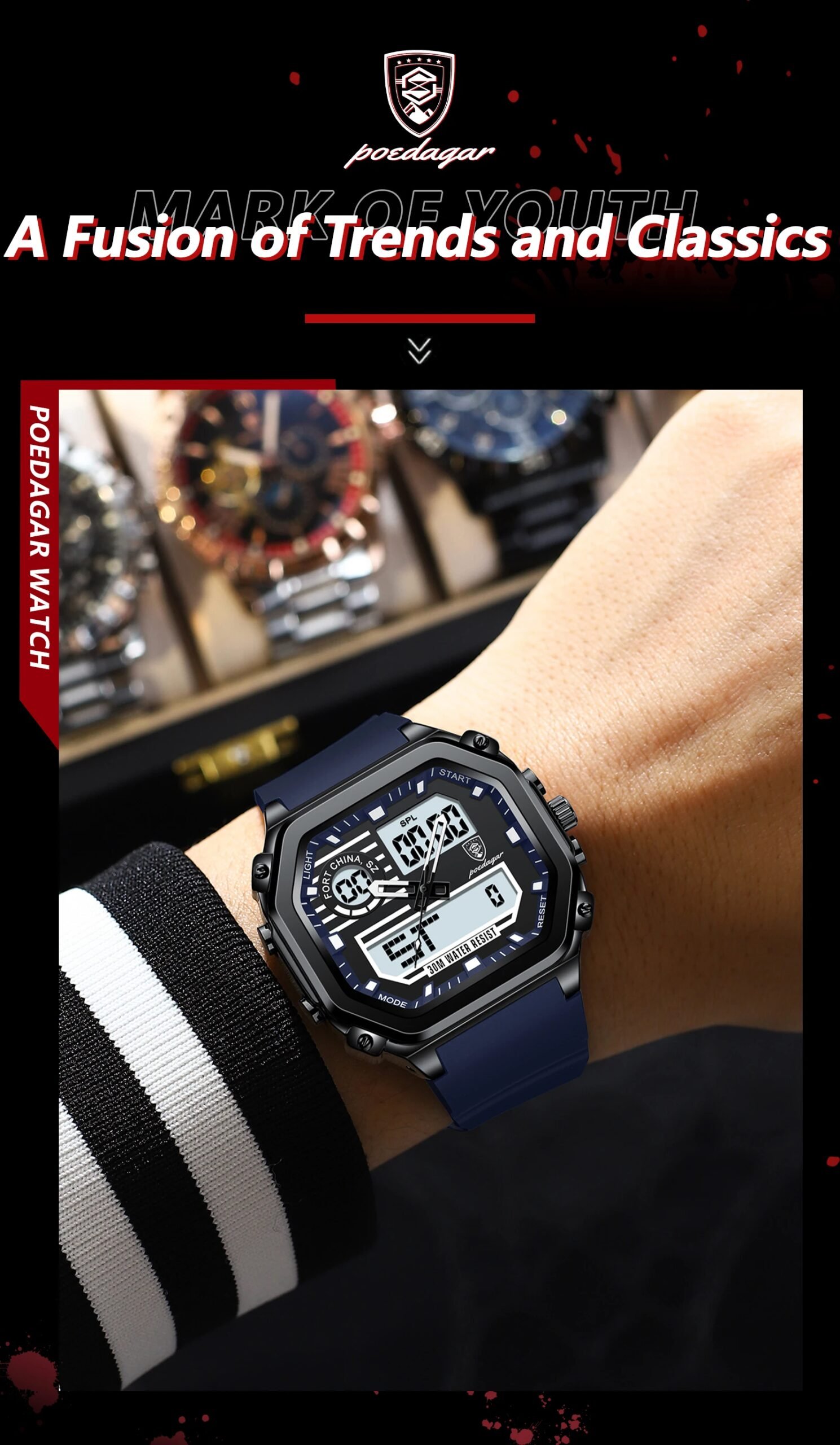 POEDAGAR LED Sport Men Clock Dual Time Display Digital Week Date Square Man Watch Electronic Silicone Strap Men's Quartz Watches