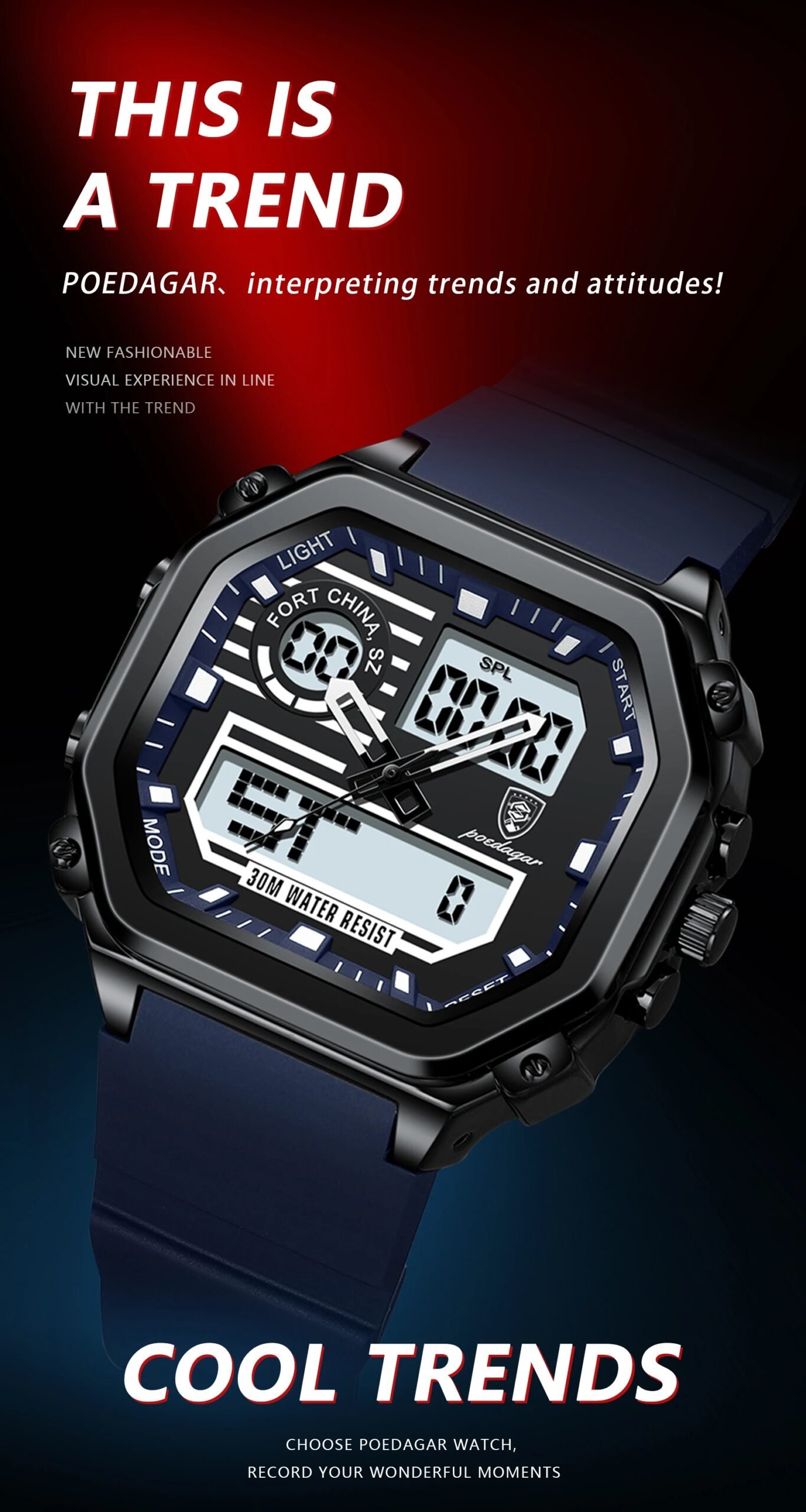 POEDAGAR LED Sport Men Clock Dual Time Display Digital Week Date Square Man Watch Electronic Silicone Strap Men's Quartz Watches
