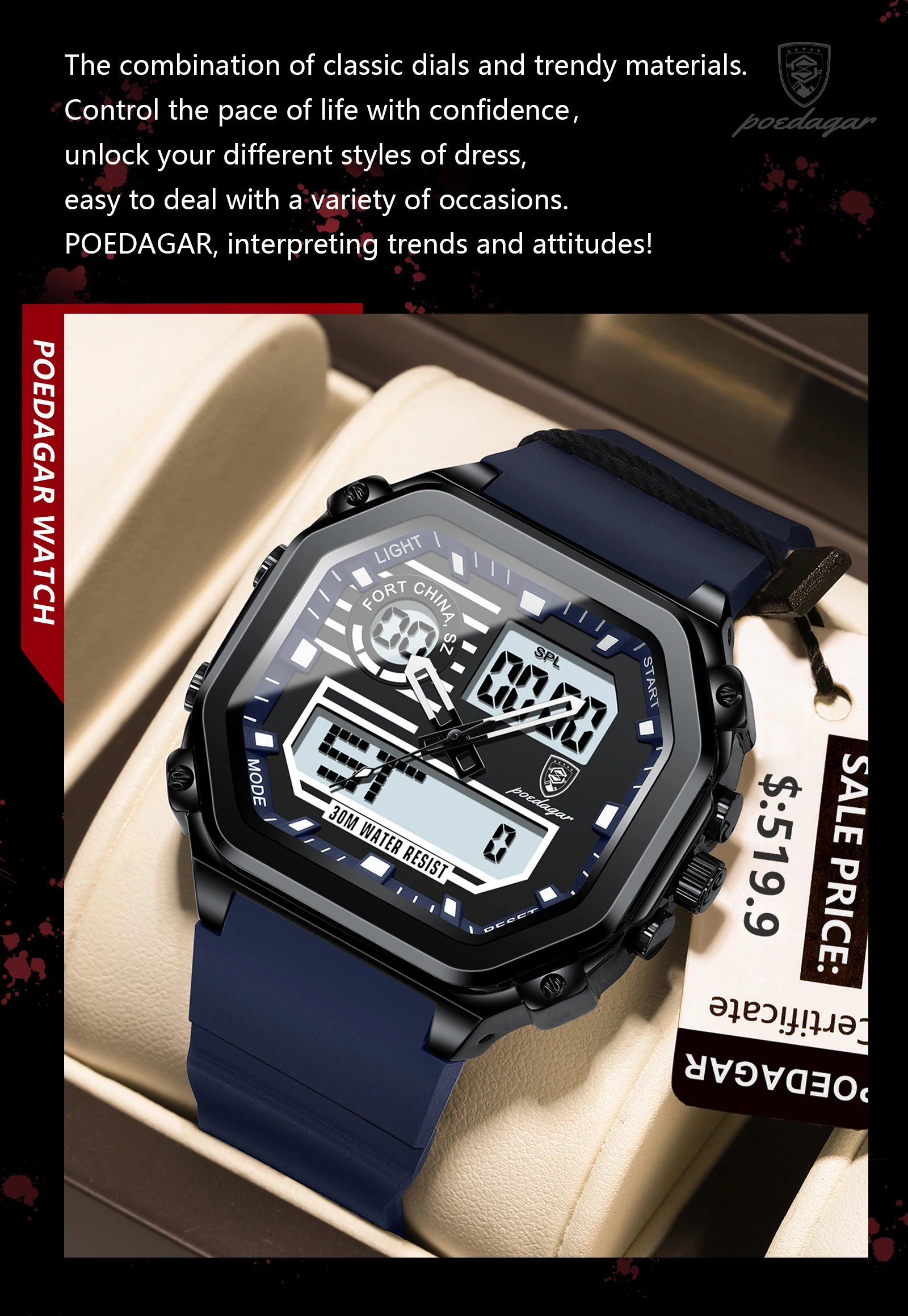 POEDAGAR LED Sport Men Clock Dual Time Display Digital Week Date Square Man Watch Electronic Silicone Strap Men's Quartz Watches