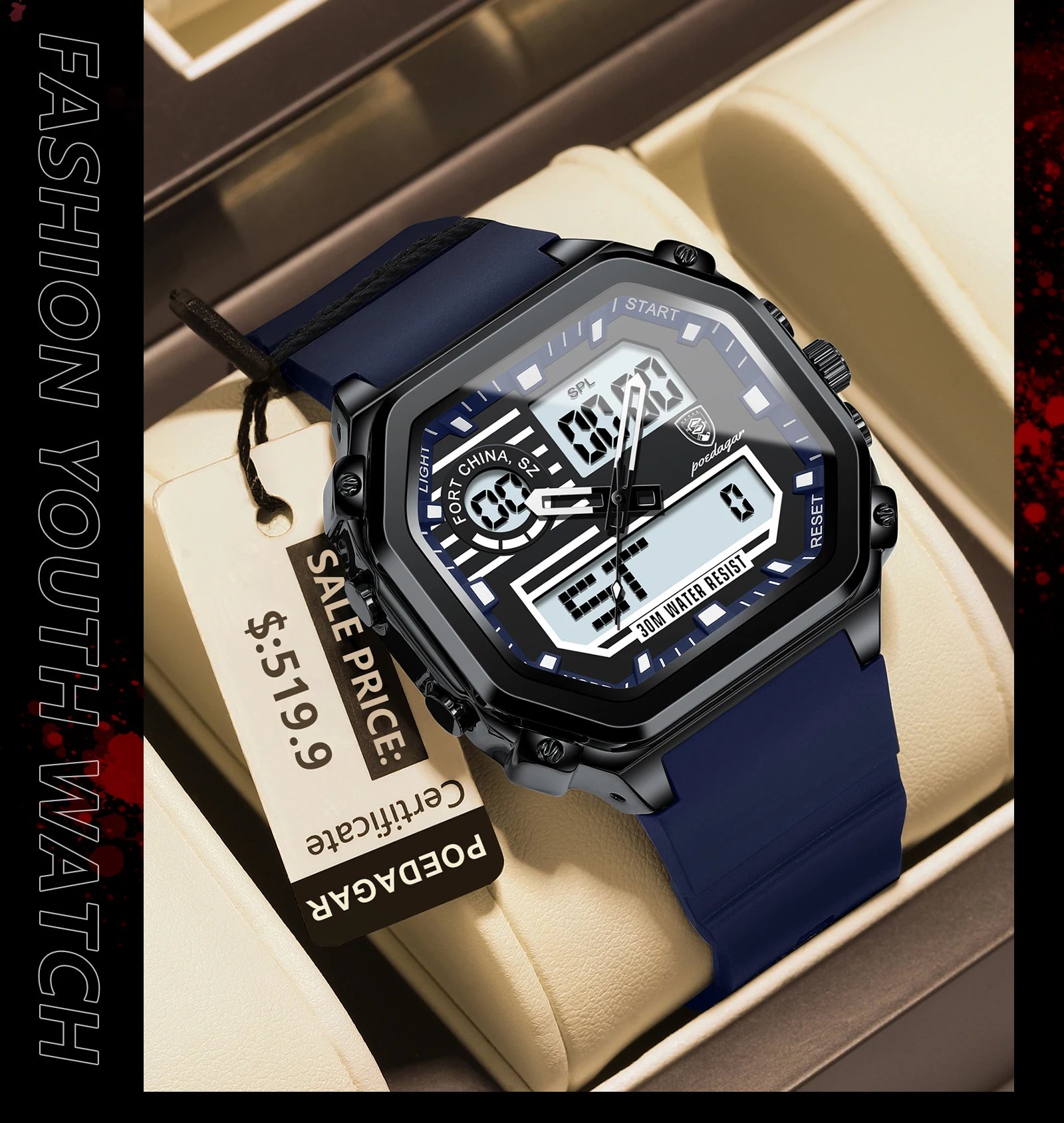 POEDAGAR LED Sport Men Clock Dual Time Display Digital Week Date Square Man Watch Electronic Silicone Strap Men's Quartz Watches