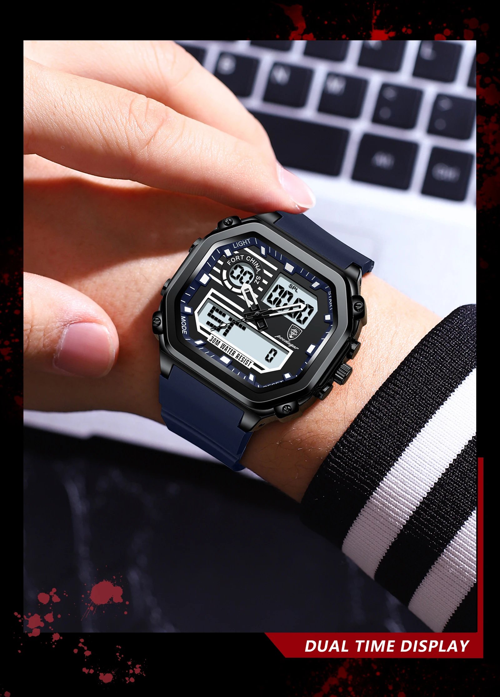 POEDAGAR LED Sport Men Clock Dual Time Display Digital Week Date Square Man Watch Electronic Silicone Strap Men's Quartz Watches