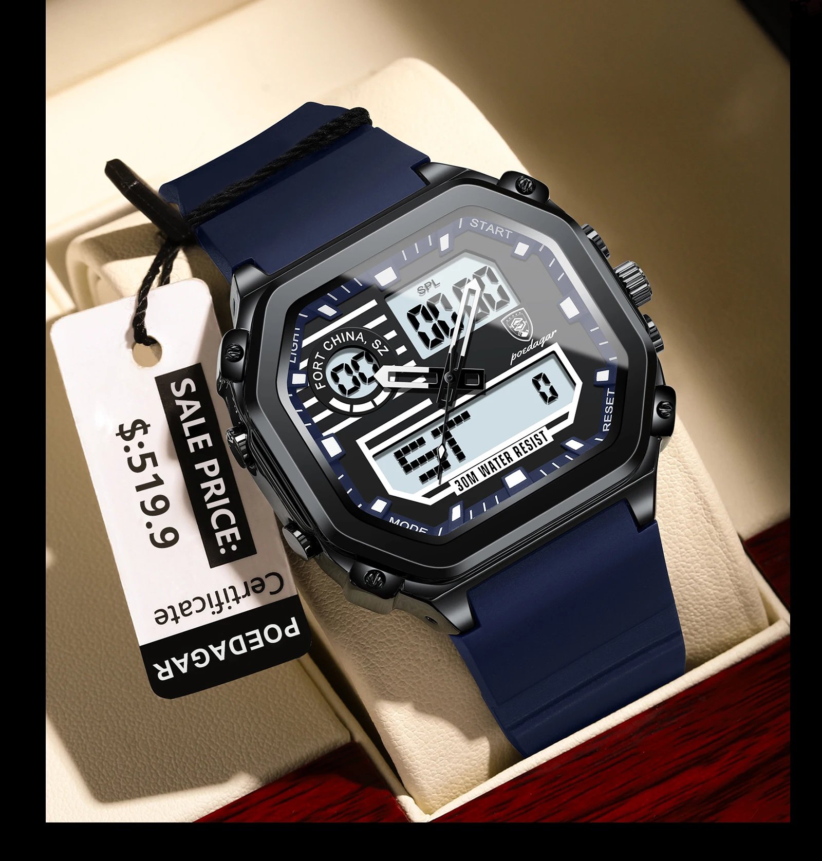 POEDAGAR LED Sport Men Clock Dual Time Display Digital Week Date Square Man Watch Electronic Silicone Strap Men's Quartz Watches