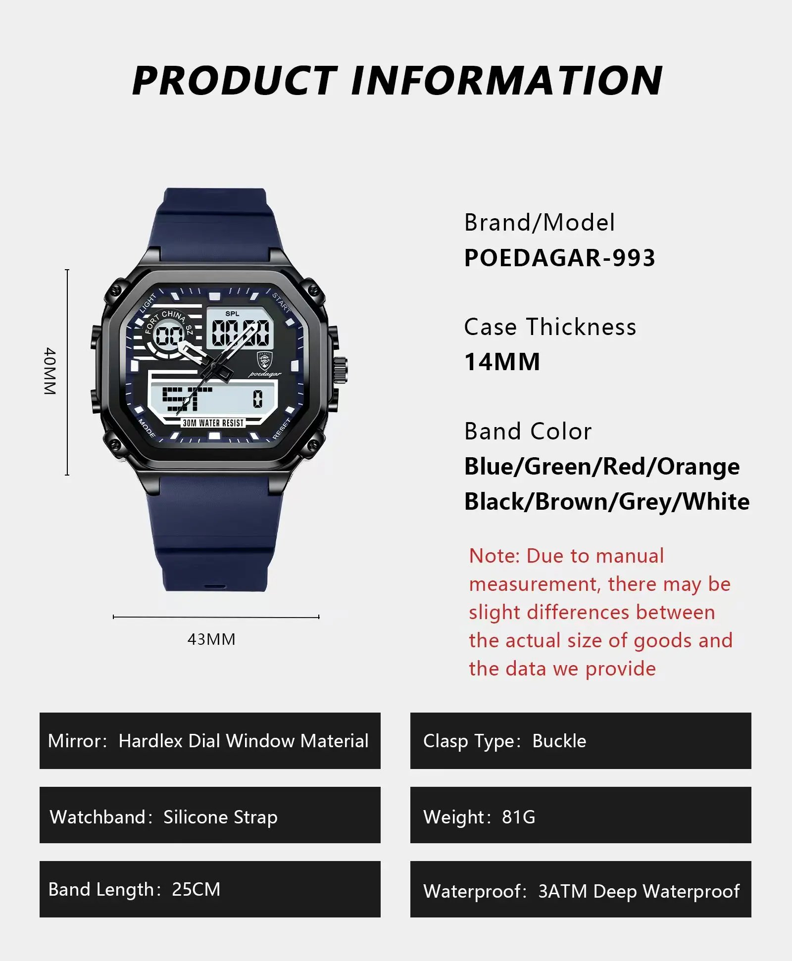 POEDAGAR LED Sport Men Clock Dual Time Display Digital Week Date Square Man Watch Electronic Silicone Strap Men's Quartz Watches