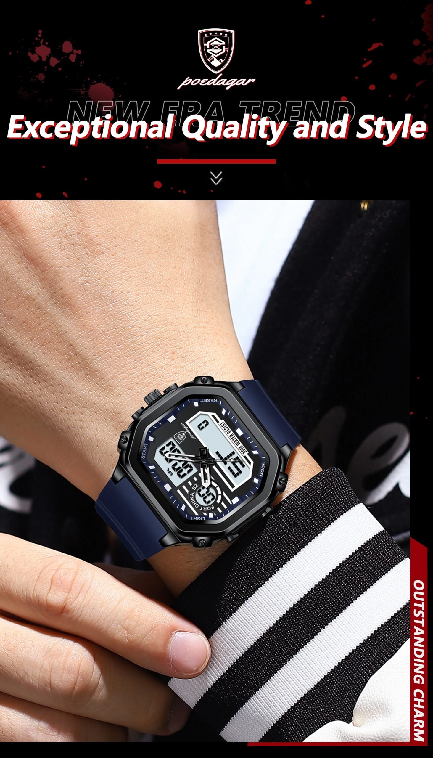 POEDAGAR LED Sport Men Clock Dual Time Display Digital Week Date Square Man Watch Electronic Silicone Strap Men's Quartz Watches