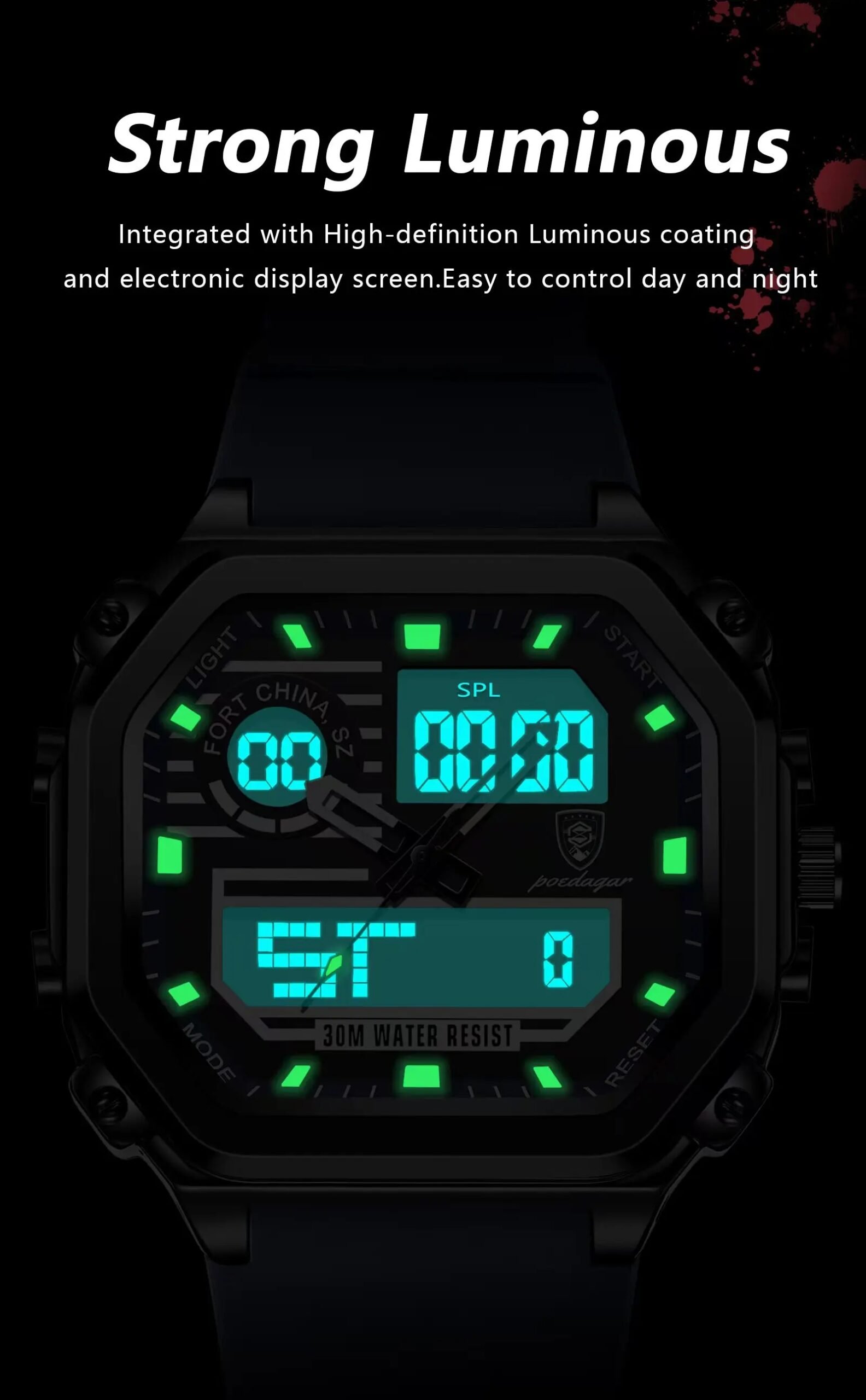 POEDAGAR LED Sport Men Clock Dual Time Display Digital Week Date Square Man Watch Electronic Silicone Strap Men's Quartz Watches