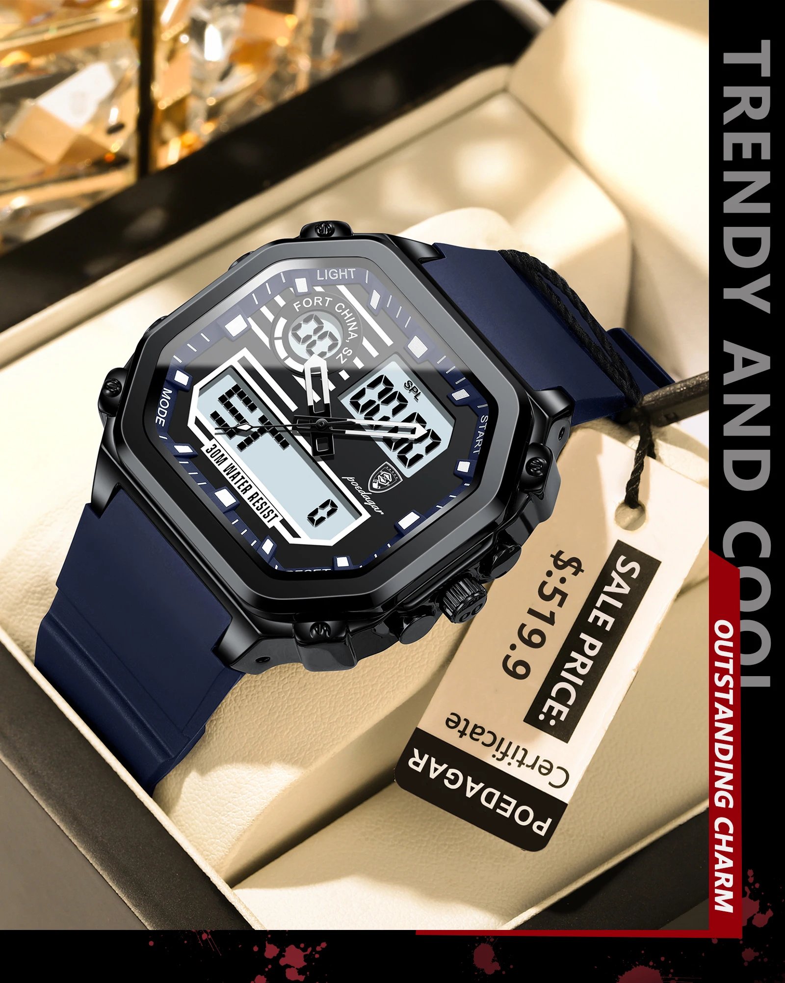 POEDAGAR LED Sport Men Clock Dual Time Display Digital Week Date Square Man Watch Electronic Silicone Strap Men's Quartz Watches