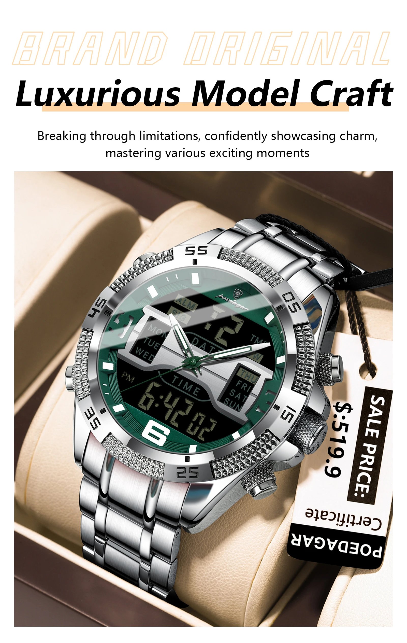 POEDAGAR LED Luxury Men Watch Sports Dual Time Display Digital Luminous Week Date Man Wristwatch Electronic Quartz Men's Watches