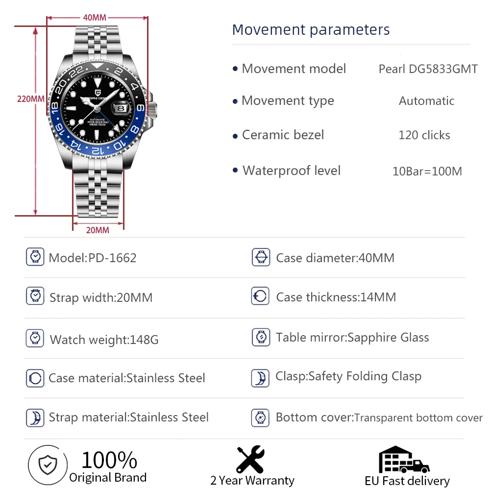 PAGANI DESIGN GMT Watches Men's Luxury Automatic Mechanical Wristwatch Sapphire Glass 40MM Stainless Steel Waterproof Watch PAGANI DESIGN GMT Watches Men's Luxury Automatic Mechanical Wristwatch Sapphire Glass 40MM Stainless Steel Waterproof Watch