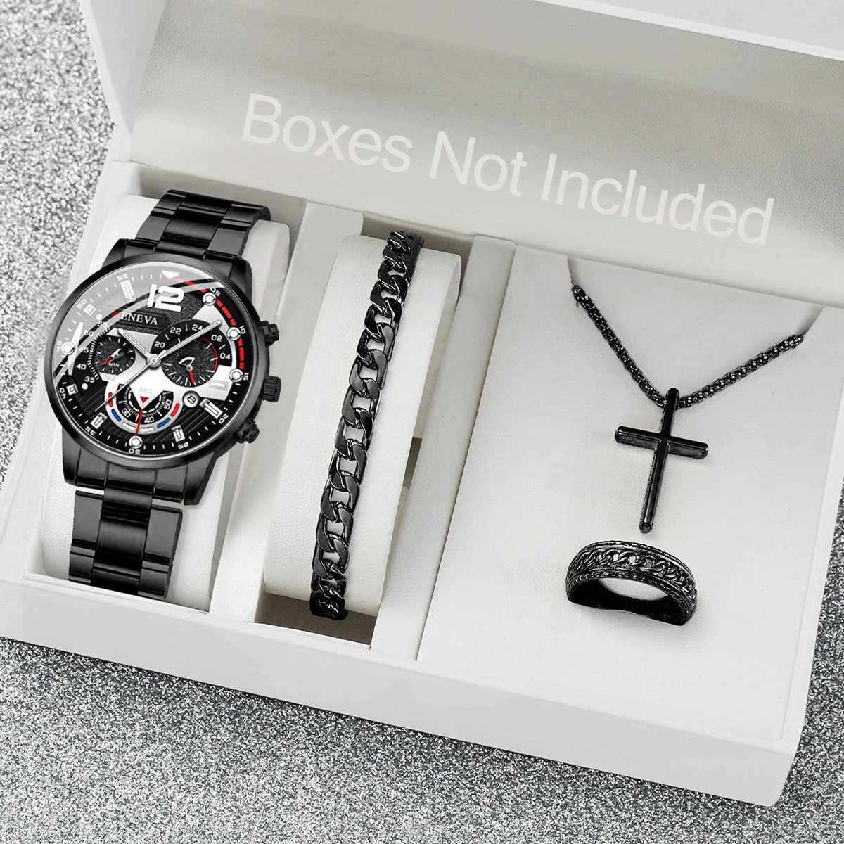 4PCS Men Business Watches Fashion Steel Band Analog Male's Quartz Watch Jewelry Set Relogio Masculino Clock Gift（Without Box）