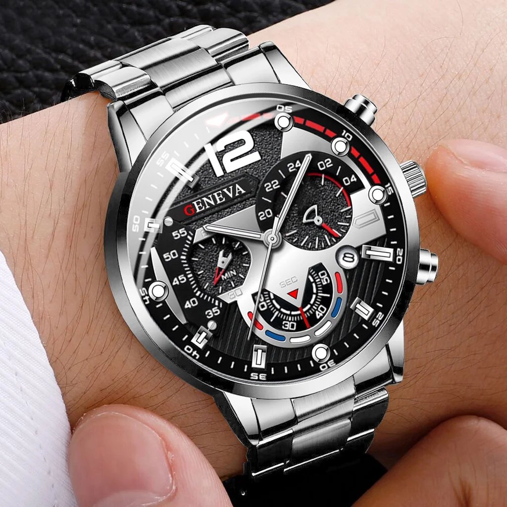4PCS Men Business Watches Fashion Steel Band Analog Male's Quartz Watch Jewelry Set Relogio Masculino Clock Gift（Without Box）
