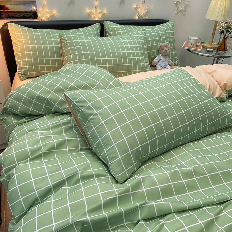 Nordic Plaid Pattern Wash Cotton Bedding Set Duvet Cover Pillowcase Bed Sheet Set Comforter Cover Bed Linens Set Queen King Size