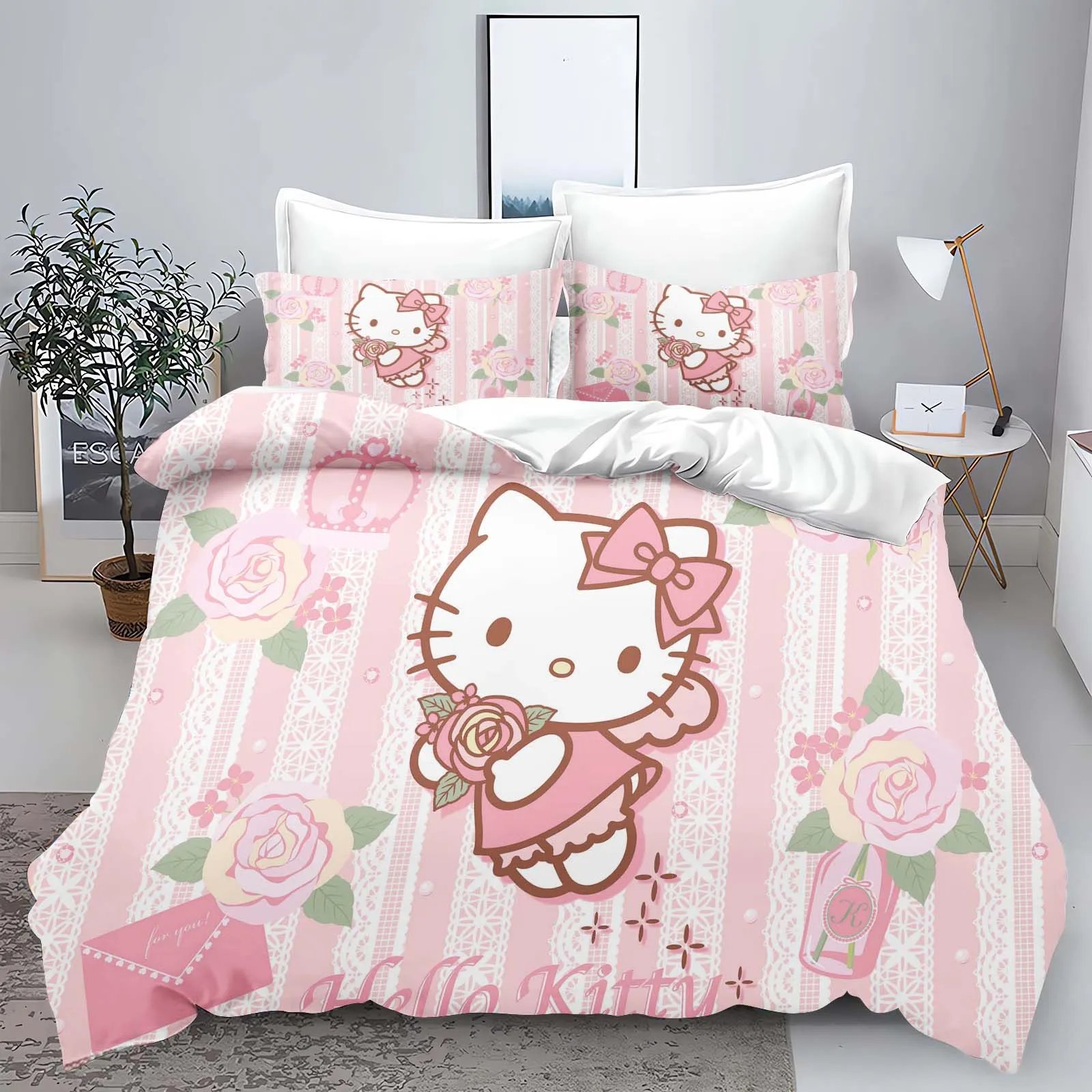 Hello Kitty Comforter Sets Children Bedding Set Home Twin 3-Piece Set 1 Quilt Cover Luxury 100% Polyester Modern Printed