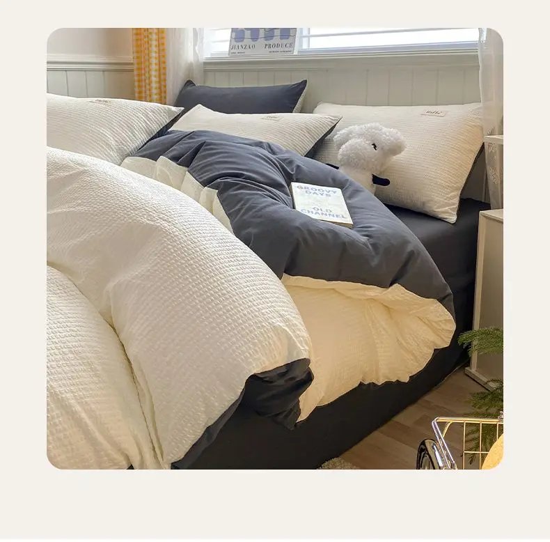 Iins Seersucker Washed Cotton Four-Piece Bedding Set Cotton Solid Color Quilt Cover Set Bedding Three-Piece Set Bed Sheet