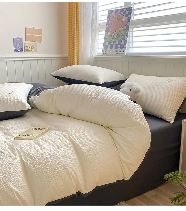 Iins Seersucker Washed Cotton Four-Piece Bedding Set Cotton Solid Color Quilt Cover Set Bedding Three-Piece Set Bed Sheet