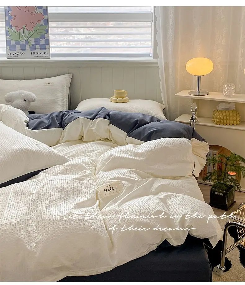 Iins Seersucker Washed Cotton Four-Piece Bedding Set Cotton Solid Color Quilt Cover Set Bedding Three-Piece Set Bed Sheet