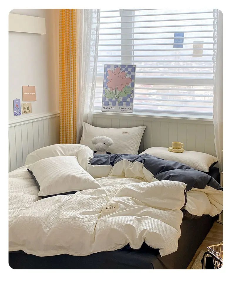 Iins Seersucker Washed Cotton Four-Piece Bedding Set Cotton Solid Color Quilt Cover Set Bedding Three-Piece Set Bed Sheet